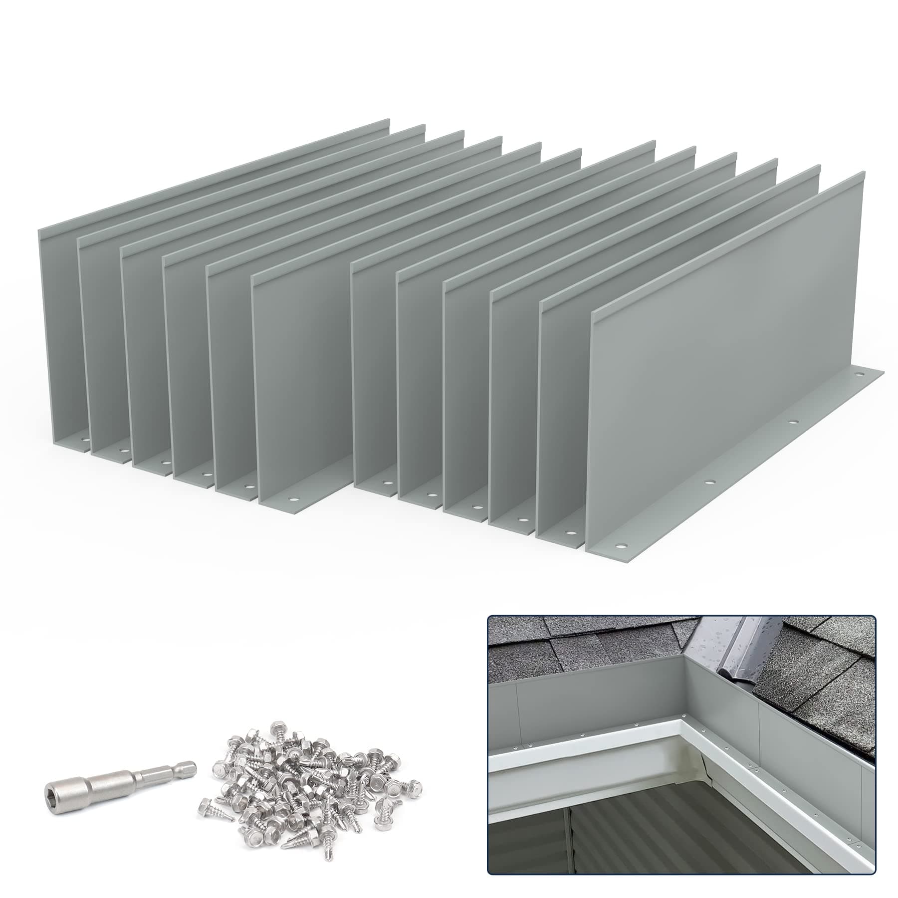 PearwowGutter Valley Splash Guard,Aluminum Rain Diverter Roofing Gutter Splash Guards for Valley,Corner or Straight,10 Inch Each (12 Pcs Grey)