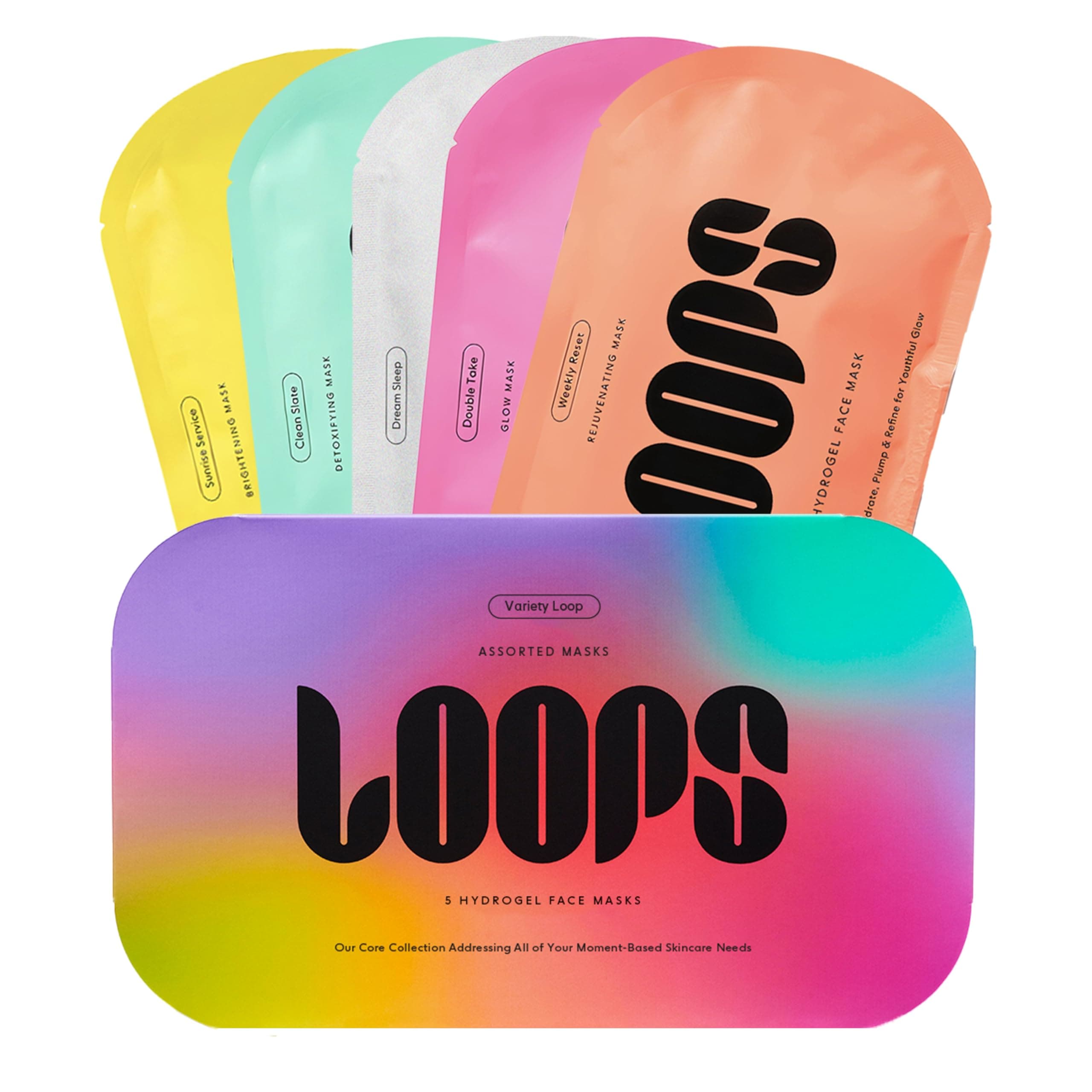 VARIETY LOOP KIT - The Best Hydrogel Face Masks for Every Skin Moment - Loops Face Mask - 5 Masks for Hydrating, Detoxifying, Repairing, Soothing, and Rejuvenating - All Skin Types, 5pc