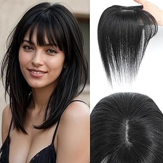 Hair Toppers for Women Real Human Hair, 360° 3D Cover Wispy Bangs Hair Pieces for Women (Black, 2 Clips)