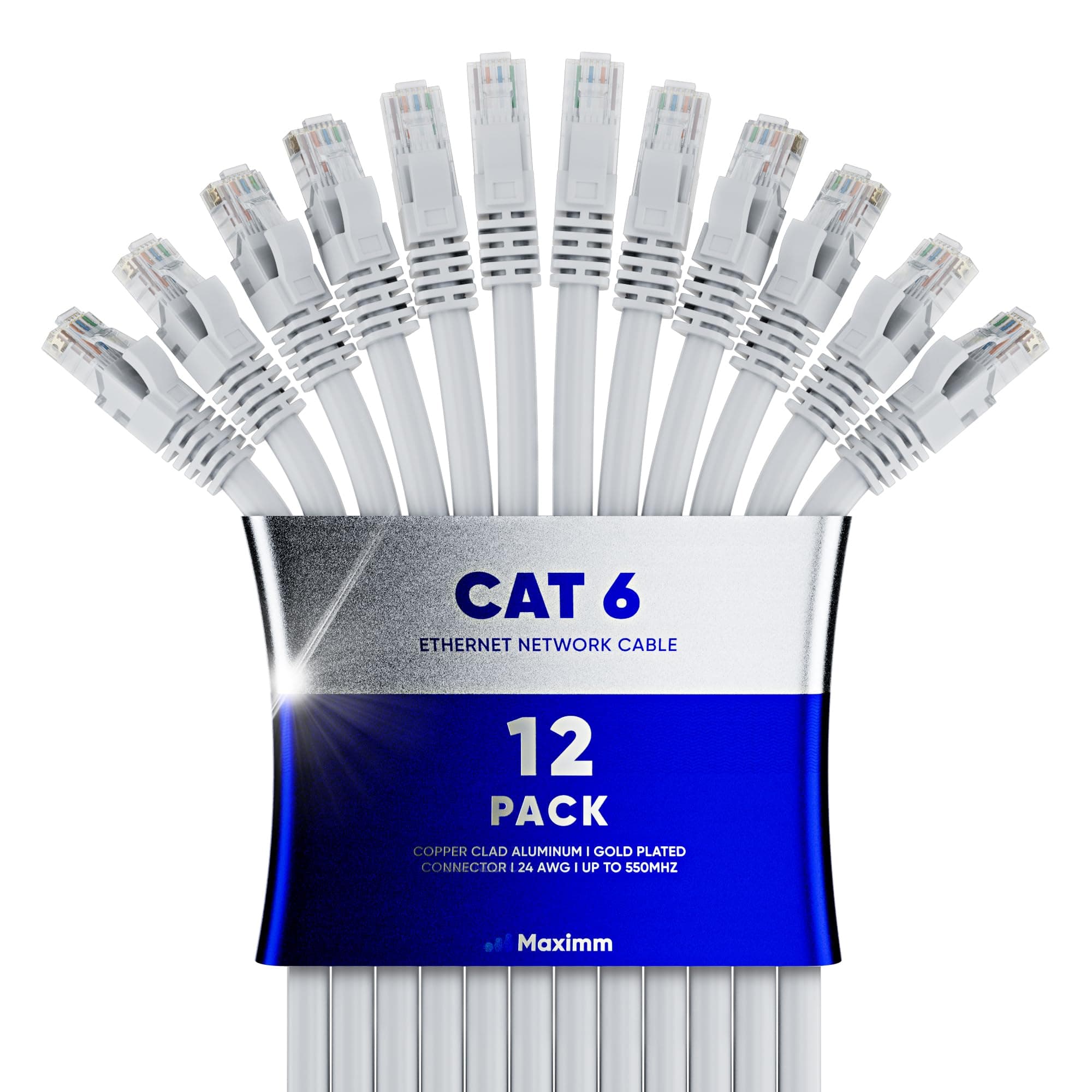 Maximm Cat 6 Ethernet Cable 15 Ft, (12-Pack) Cat6 Cable, LAN Cable, Internet Cable, Patch Cable and Network Cable - UTP (White) 15 Feet ethernet Cord