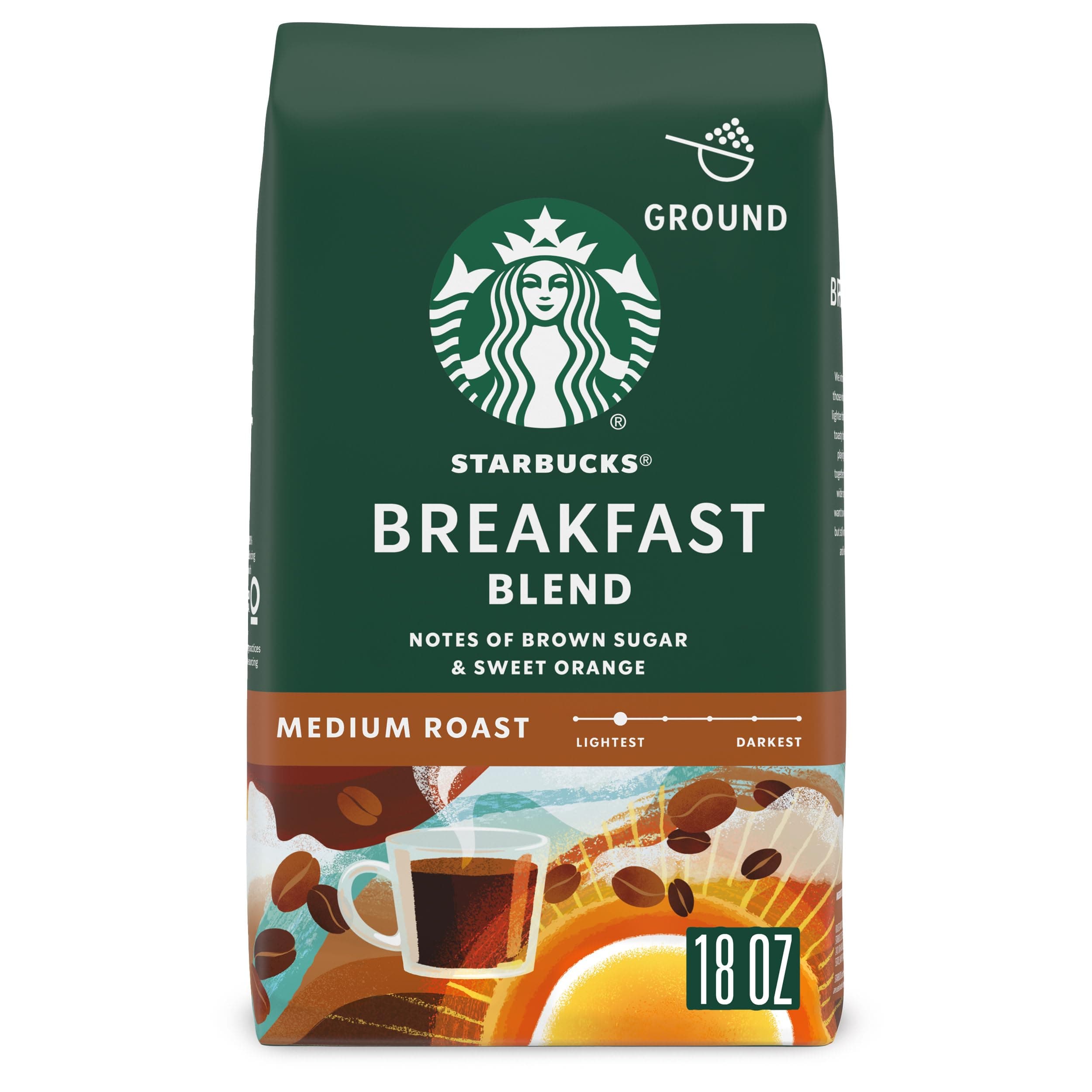 Starbucks Ground Coffee, Medium Roast Hot or Iced Coffee, Breakfast Blend, 18 oz 