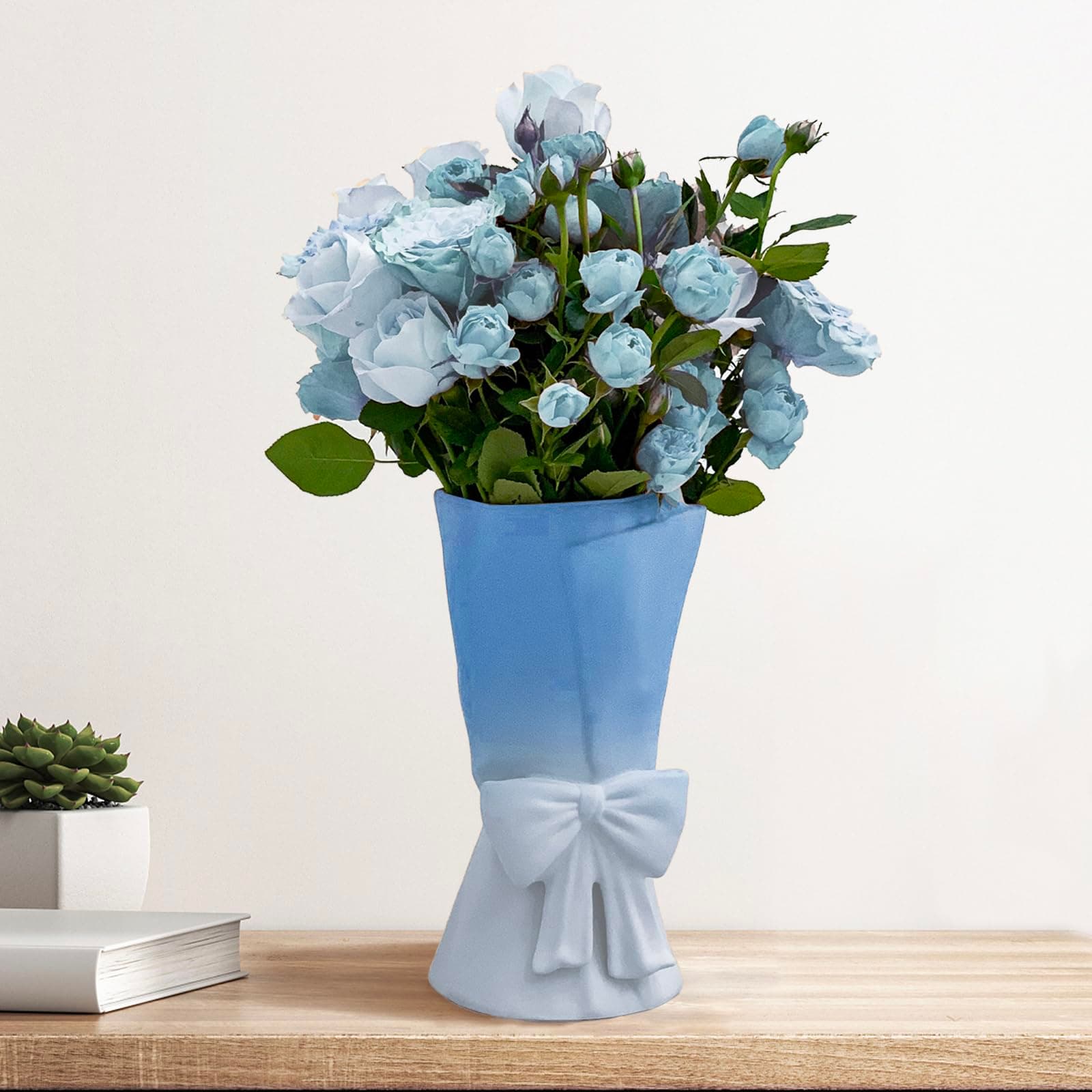 Gradient Blue White Ceramic Bow Vase 9.64 in Unique Cute Modern Decorative Bouquet Flower Vases for Home Living Room Table Decor Women Girl Gifts