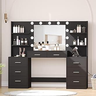Irontar 61.9‘’L Vanity Desk with Mirror & Lights, Large Makeup Vanity with Charging Station, Makeup Desk with Drawers & Open Storage Shelves, 3 Lighting Modes, Bedroom Vanity Table, Black