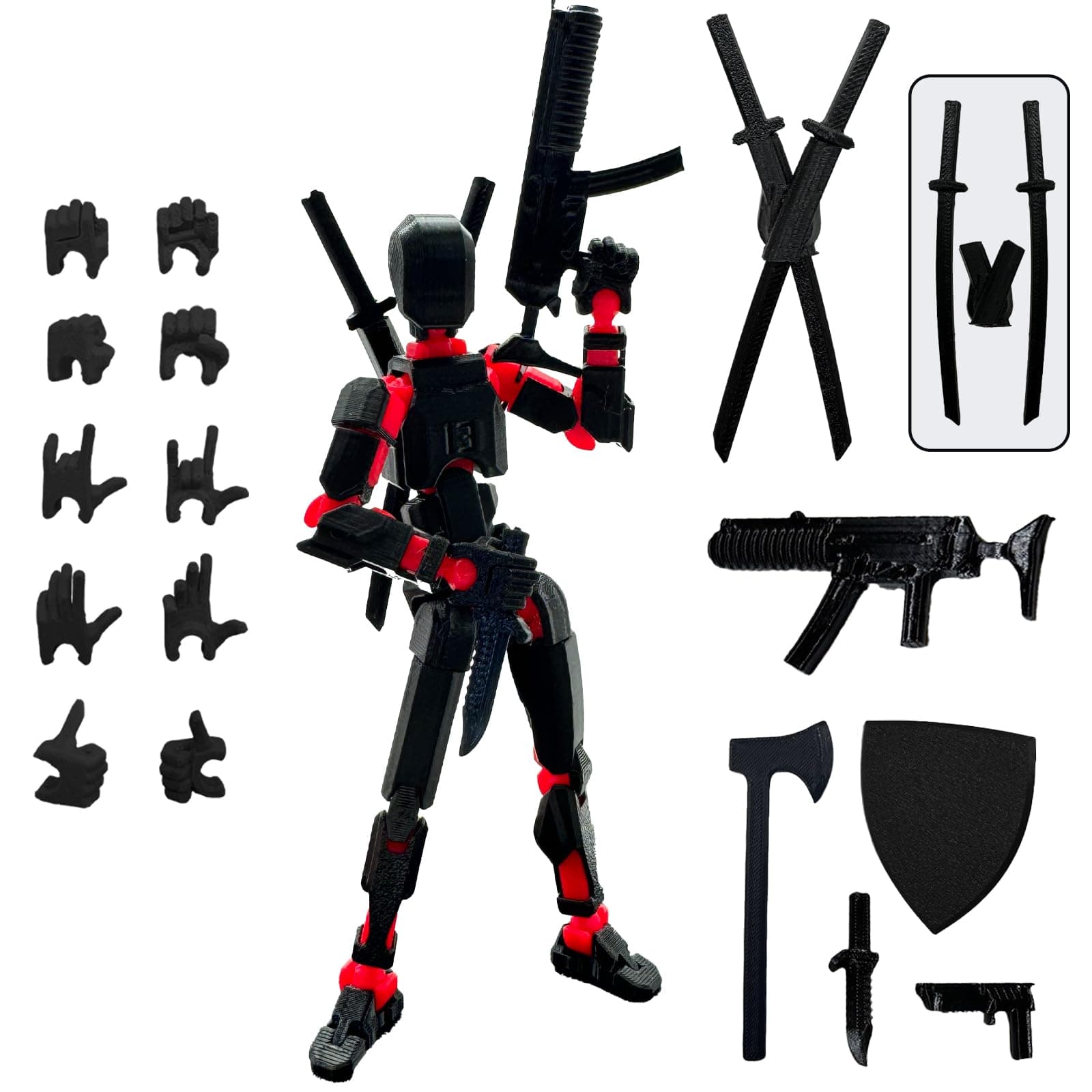 (Assembly Completed) 3D Printed Figure 5.54-inch Dummy13 with Weapon Expansion Set, Full Body Mechanical Movable Toy, Desk Decoration. (Black)