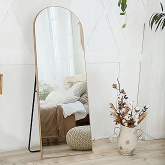 NeuType 59"x20" Arched Full Length Mirror, Large Arched Wall Mirror Floor Mirror with Stand, Full Body Dressing Mirrors Standing Hanging or Leaning Against Wall, Arched-Top Wood Thin Frame, Gold