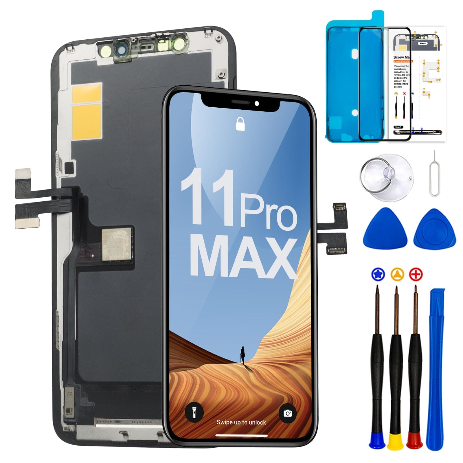 for iPhone 11 Pro Max Screen Replacement Kit， 6.5 inch Full HD LCD Display 3D Touch Digitizer Assembly(Model A2161, A2218, A2220) with Repair Tools Screen Tempered Protector