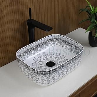 BASSINO Art Wash Basin Counter top,Tabletop Ceramic Bathroom Sink/Basin for Home,Kitchens And Offices -GLOSSY,WHITE GREY MOROCCAN Design(L400 x W300 x H140 mm) BTT-752-IN