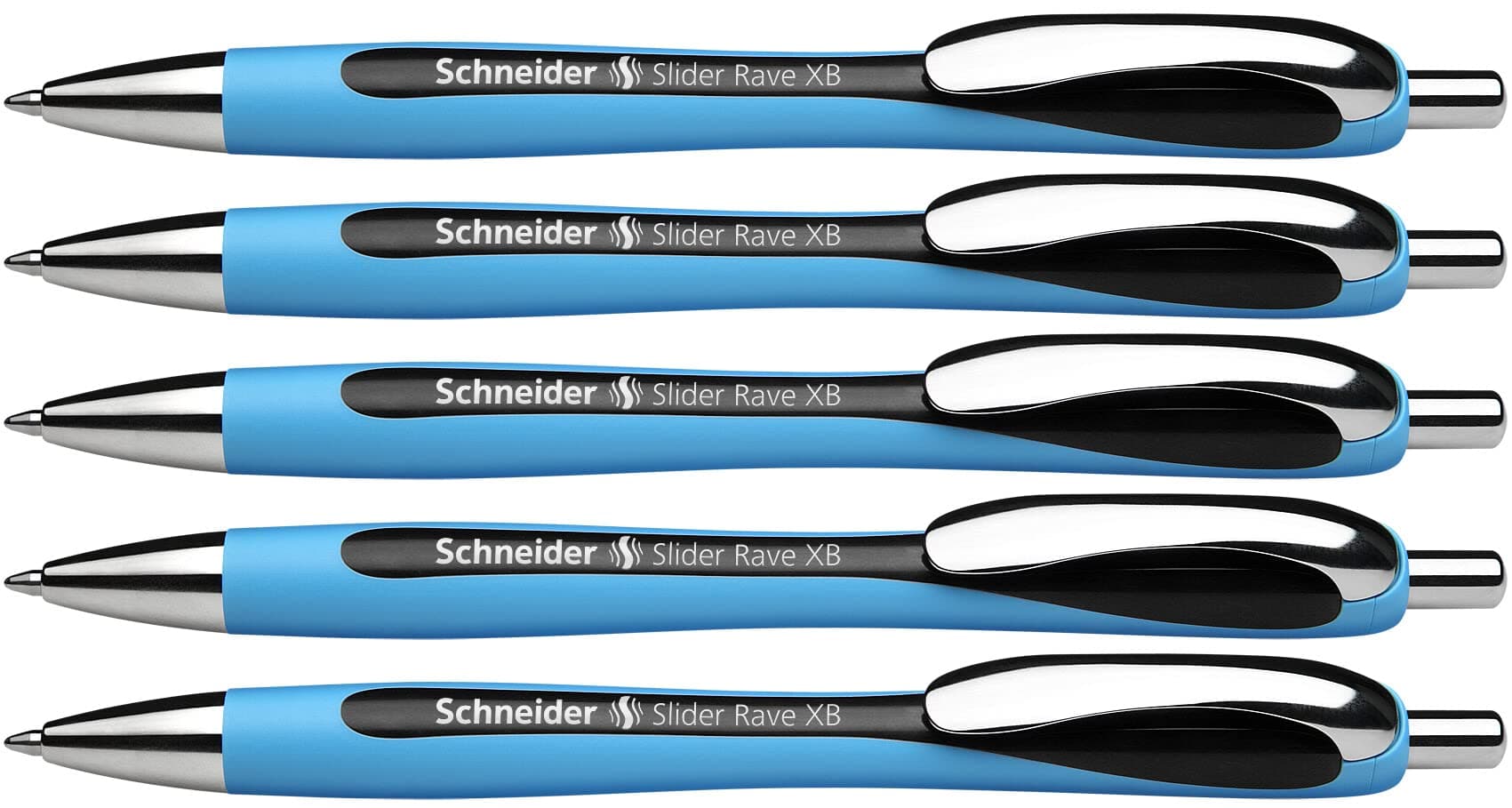 Slider Rave XB (Extra Broad) Ballpoint Pen, Refillable + Retractable, 1.4 mm, Light Blue Barrel, Black Ink, Box of 5 Pens (132501)
