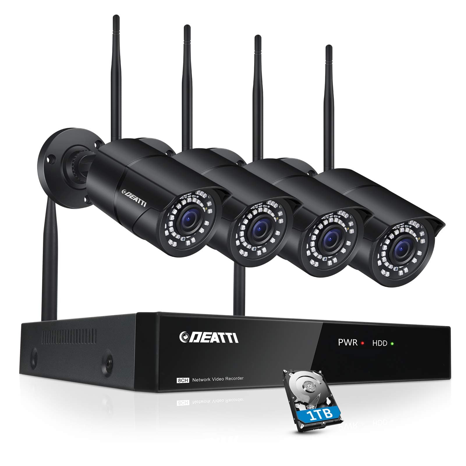 DEATTI 8CH Wireless Security Camera System, Fulll HD 1080P NVR Recorder (1TB HDD Pre-installed) and 4x 1080P Outdoor Bullet CCTV Cameras, All-weather Adaptation, Email Alert, Mobile App