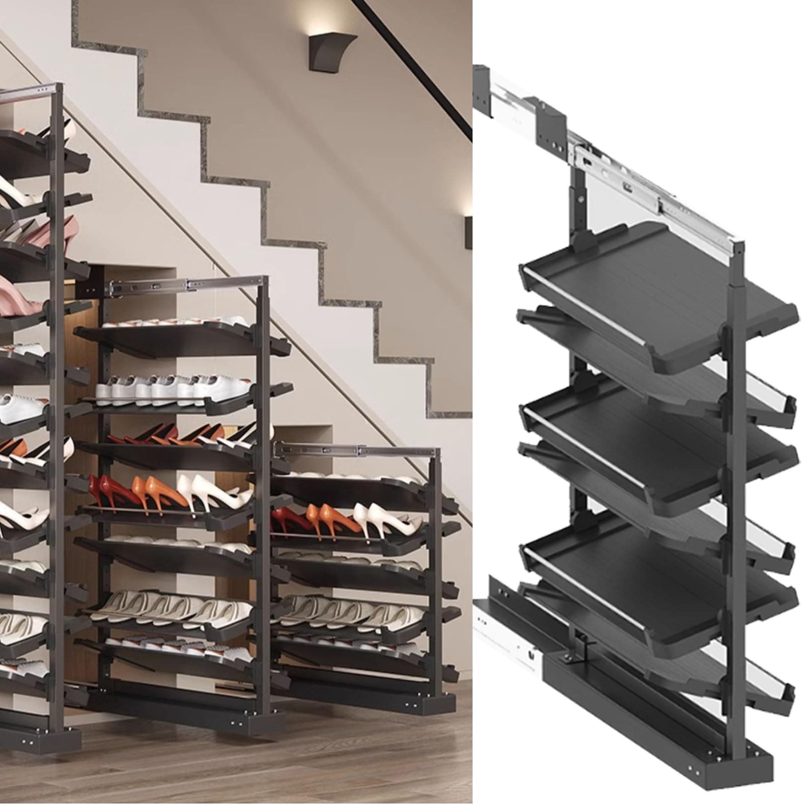 Pull-Out Shoe Rack Organizer for Closet Shoe Cabinet,Adjustable Height Retractable Metal Stackable Shoe Rack, Vertical Shelf Organizer for Small Bedroom Closet, Space Saving Storage, Black(85cm,6 Tier