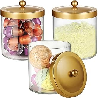 SheeChung 3 Pack 50 Ounce Large Clear Apothecary Jar with Gold Rust-Proof Lid - Shatterproof Plastic Storage Canister - Modern Luxury Bathroom Vanity & Laundry Room Organizer for Pods, Bath Salts