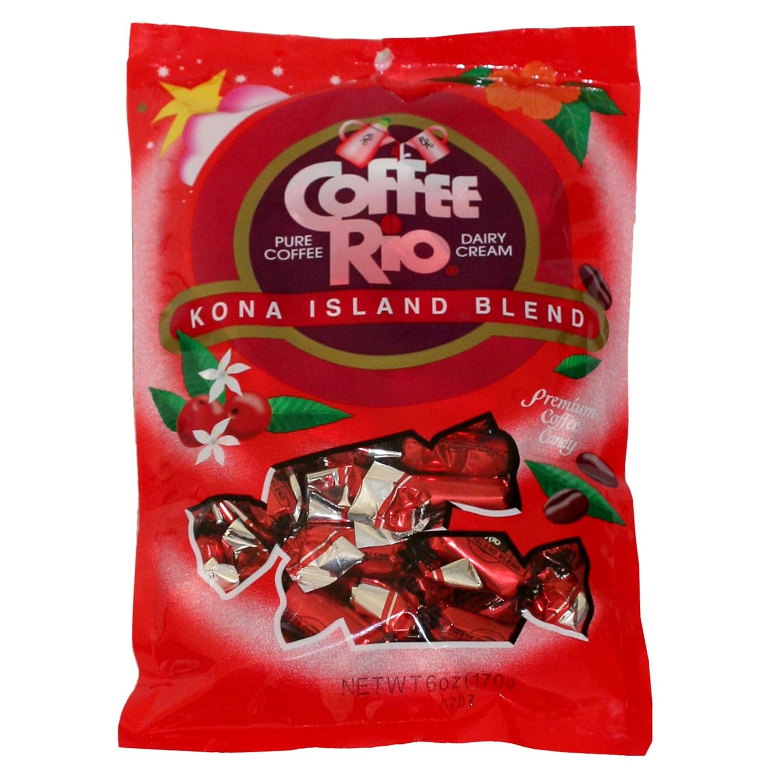 Coffee Rio Kona Island Blend Coffee Candy, Stand-Up Bag (6 Oz) - Individually Wrapped Hard Candies Blended with Fresh Dairy Cream - Perfect for Office Candy Bowls, Buffets - Kosher Certified Candies