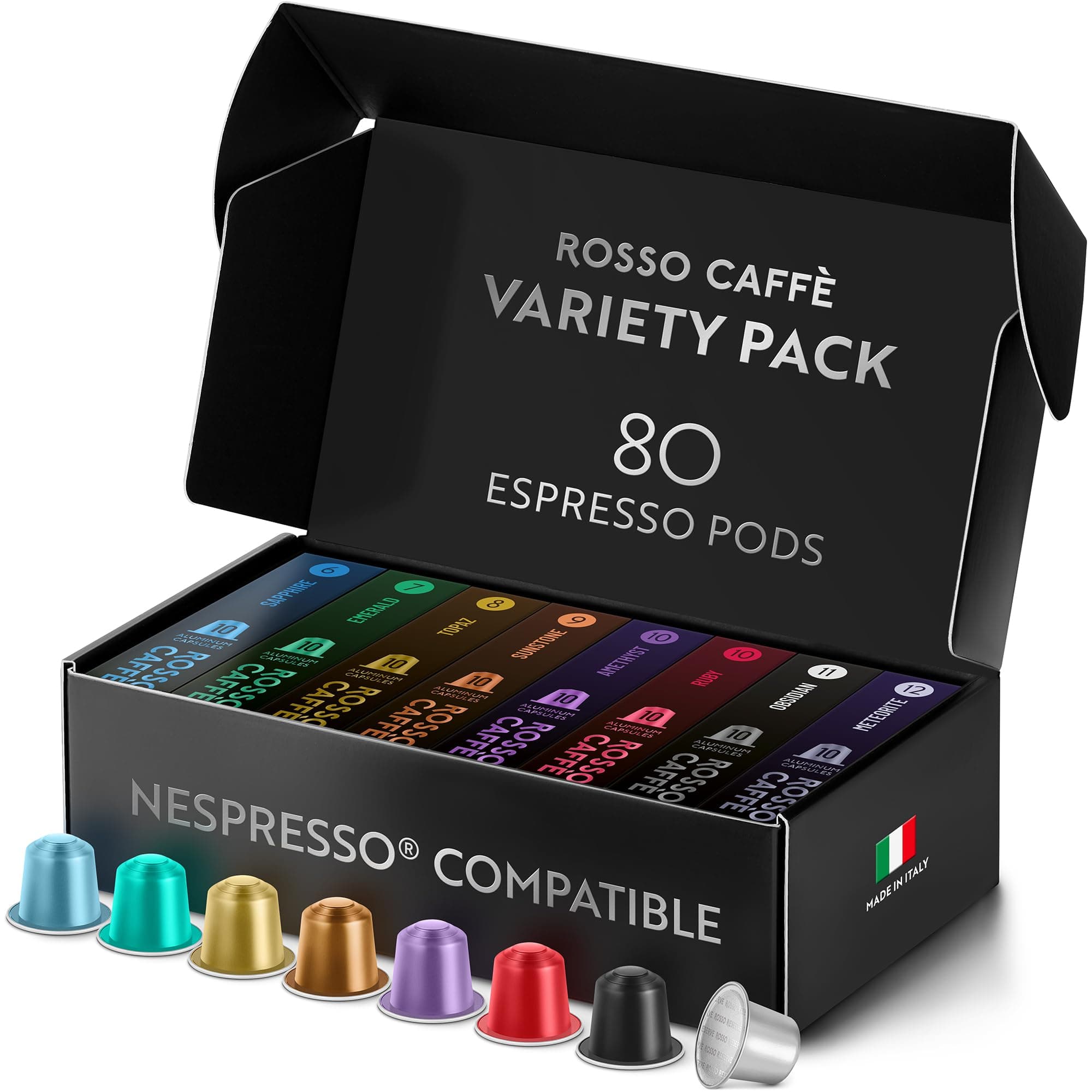 Rosso Cafe 80 Cups for Nespresso Machines, Coffee Interchangeable Capsules, Rosso Caffe, Made in Italy, Aluminum Capsules "Reserve Series" (8 Types x 10 Servings), Nespresso Original Machine Compatible