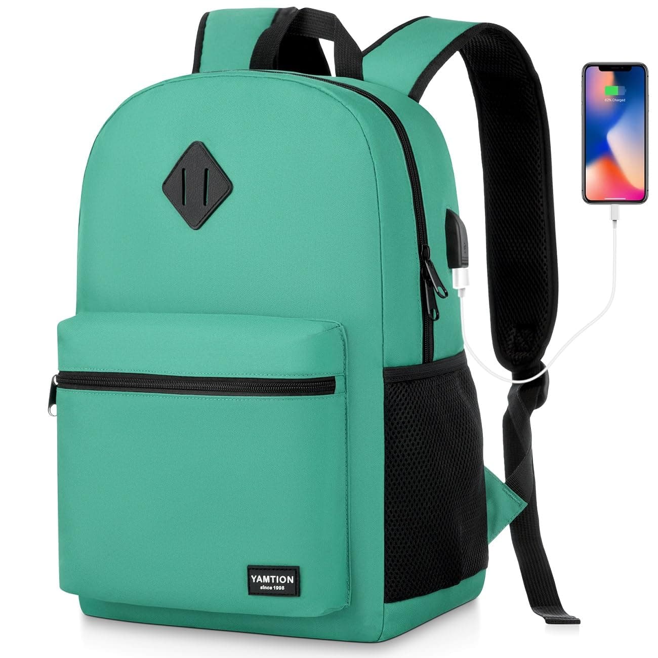 YAMTION School Backpack for Teens,Green Bookbag Classic Backpack with USB Port for High School College Students
