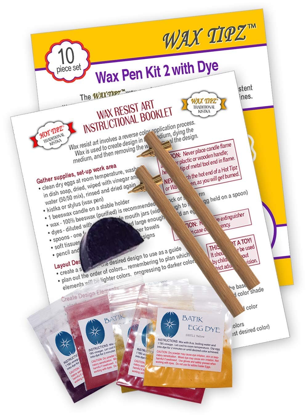 Traditional Kistka Easter Egg Decorating Kit with 2 Wax Tipz Kistkas, 6 Dyes (Black, Crimson, Orange, Yellow, Blue, Green), 1 Half Moon Beeswax and Instructions