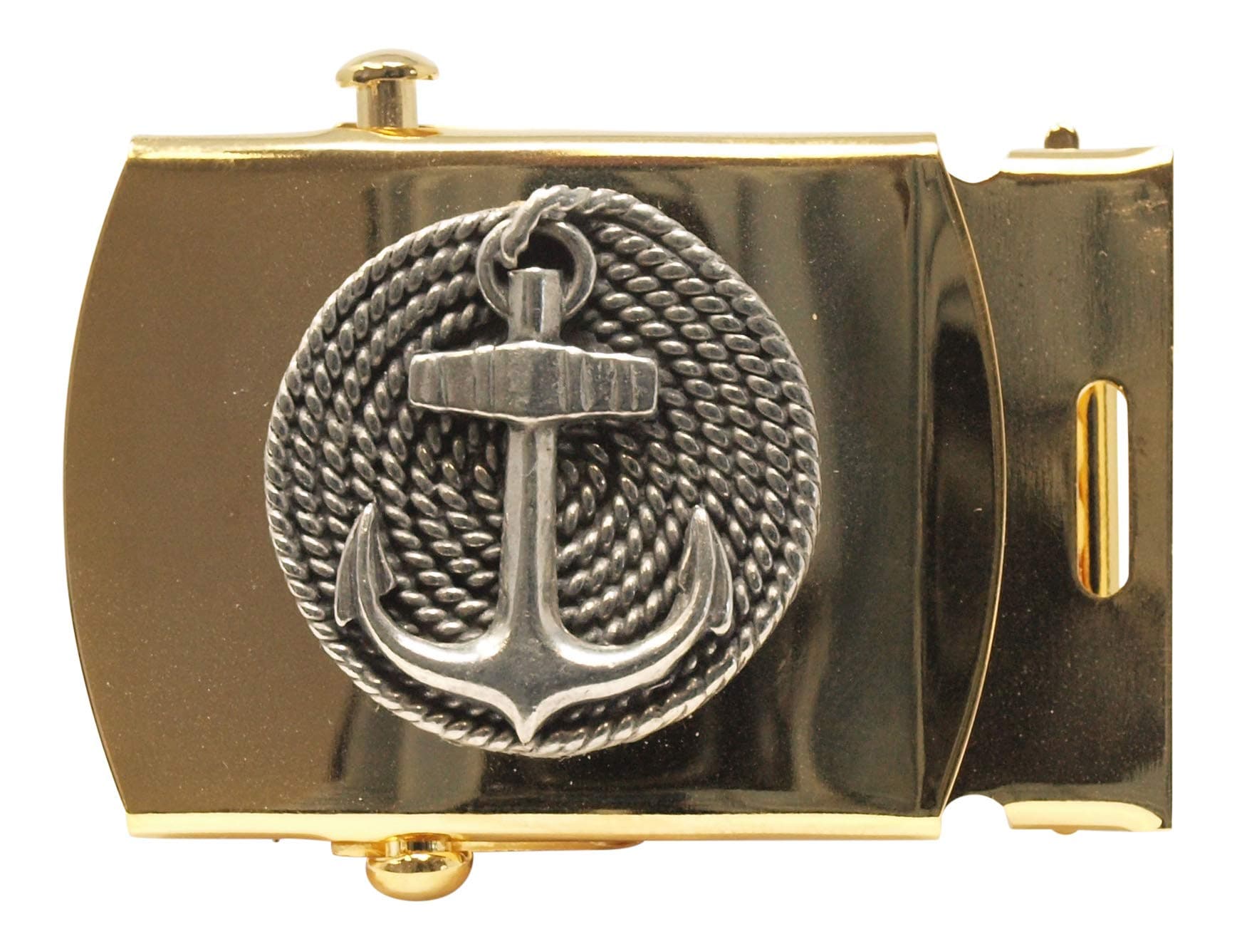 Military Style Web Belt Buckle, Solid Brass with Coiled Anchor Pewter Motif, 1-1/4"