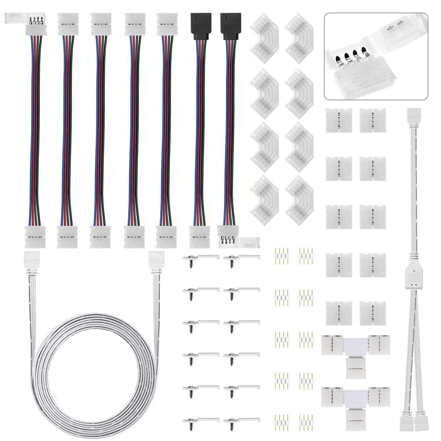 LED Strip Connector Kit for 10mm 4 Pin, Includes Right Angel and T Shape Connectors, 2m/6.6ft Led Strip Extension Cable, Strip to Strip Jumpers, Male Connectors, Led Strip Splitter, Led Strip Clips [Energy Class A++]