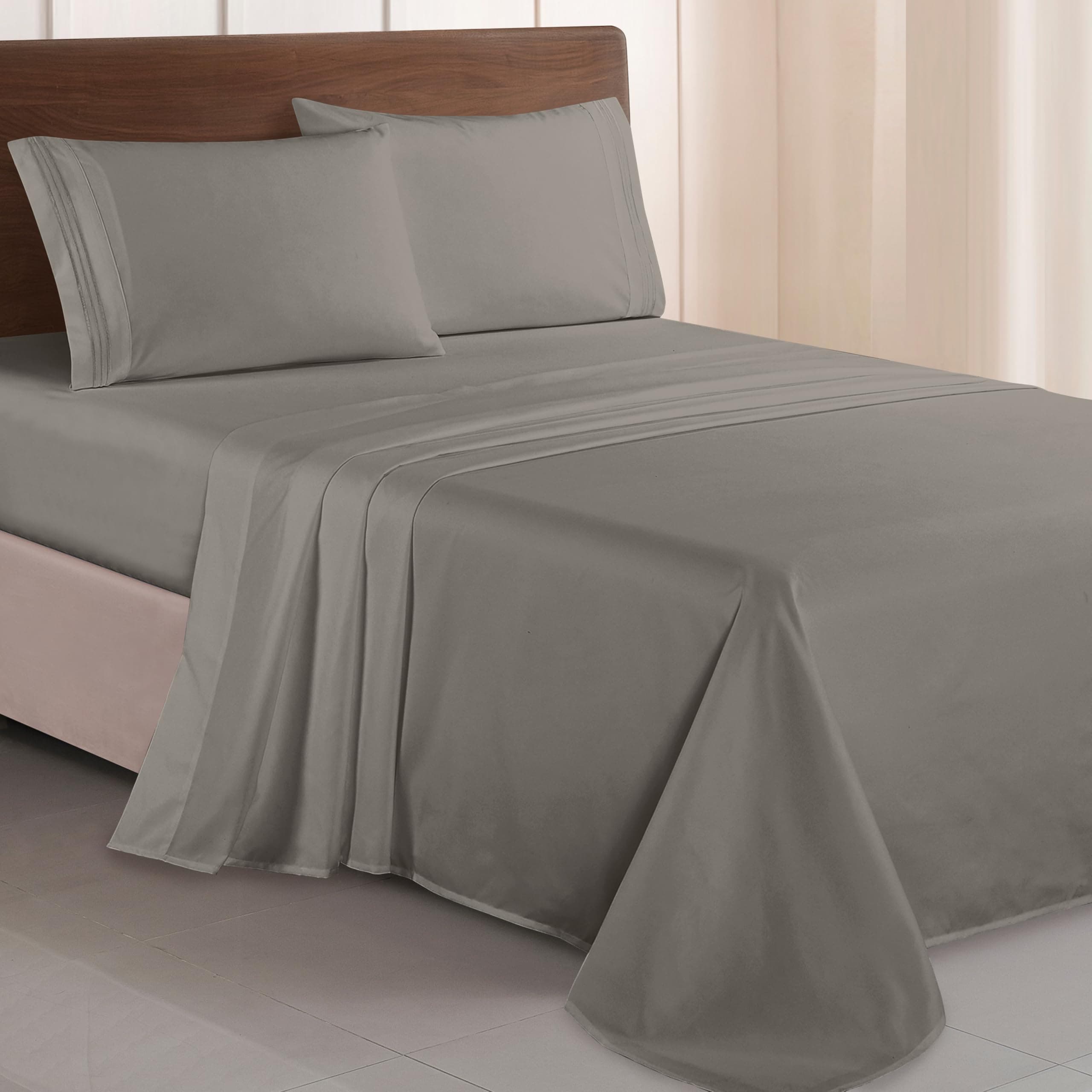 Luxurious 1500 Thread Count Egyptian Quality Three Line Embroidered Softest Premium Hotel Quality 4-Piece Bed Sheet Set, Wrinkle and Fade Resistant, King, Gray