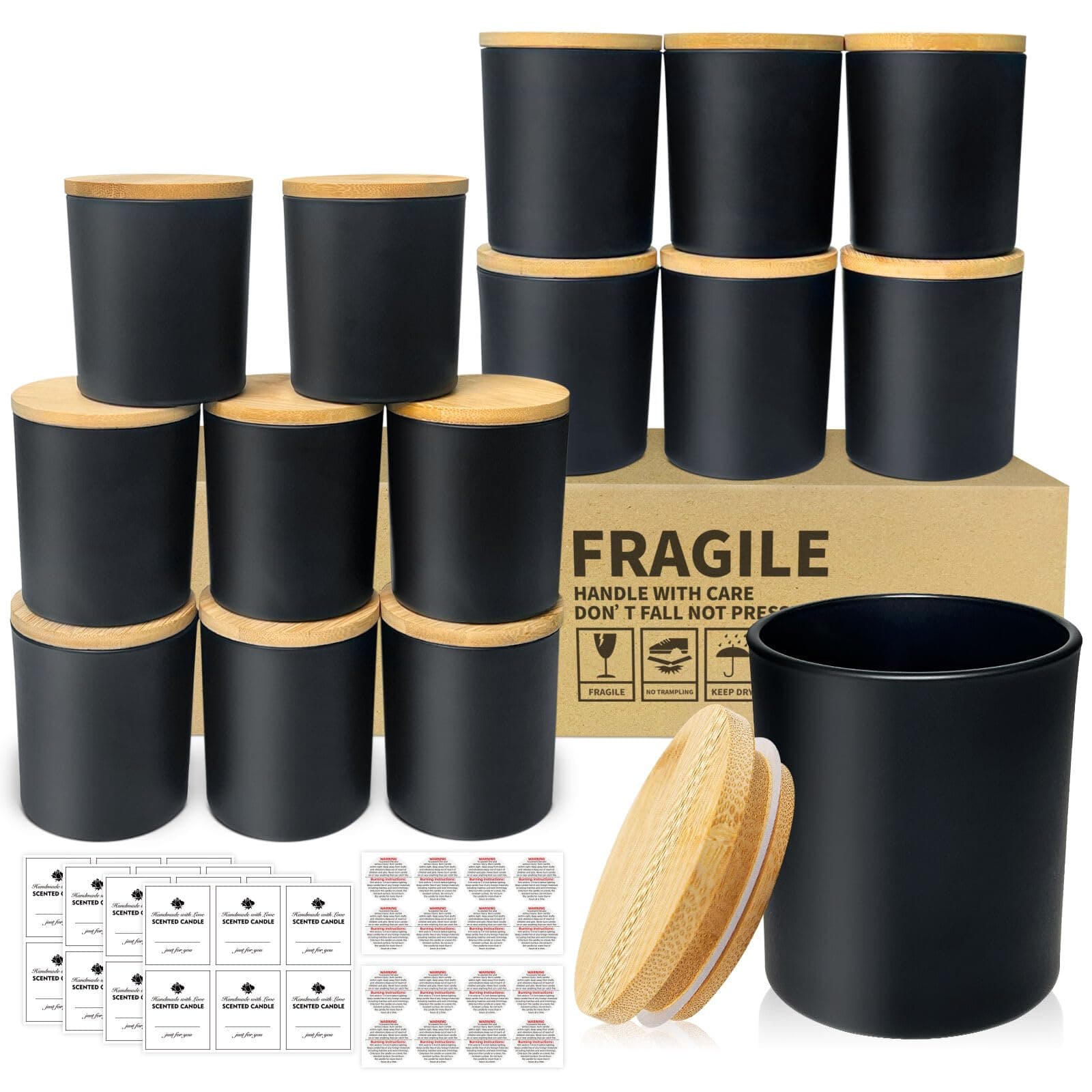 SUPMIND 15 Pack Candle Glass Jars- 7oz Matt Black Empty Candle Jars with Bamboo Lids and Sticky Labels, Bulk Candle Jars for Making Candles Containers - Dishwasher Safe