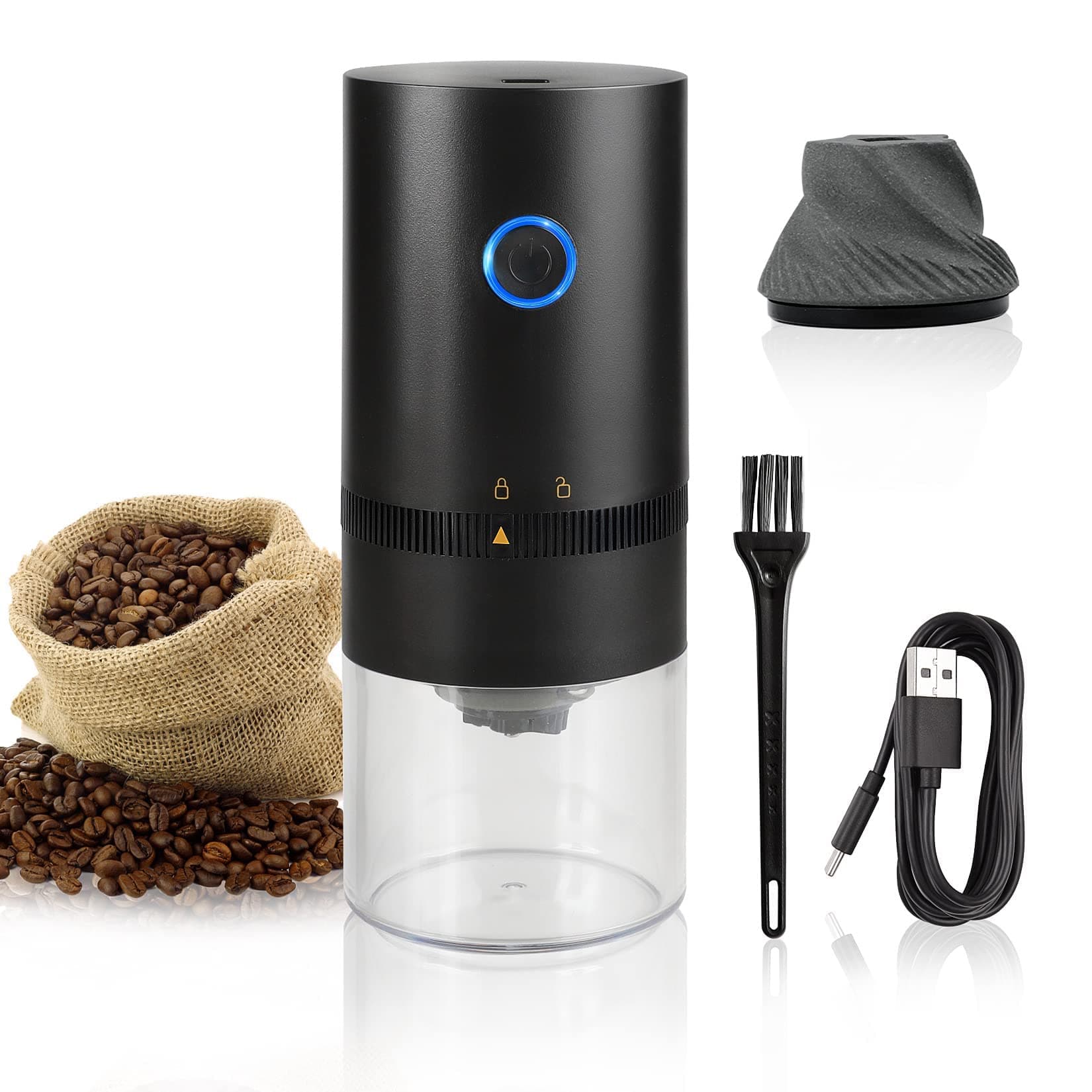 Portable Electric Burr Coffee Grinder, 4 Cups Small Automatic Conical Burr Grinder Coffee Bean Grinder with Muli Grind Setting, USB Rechargeable, Cleaning Brush Included, Black