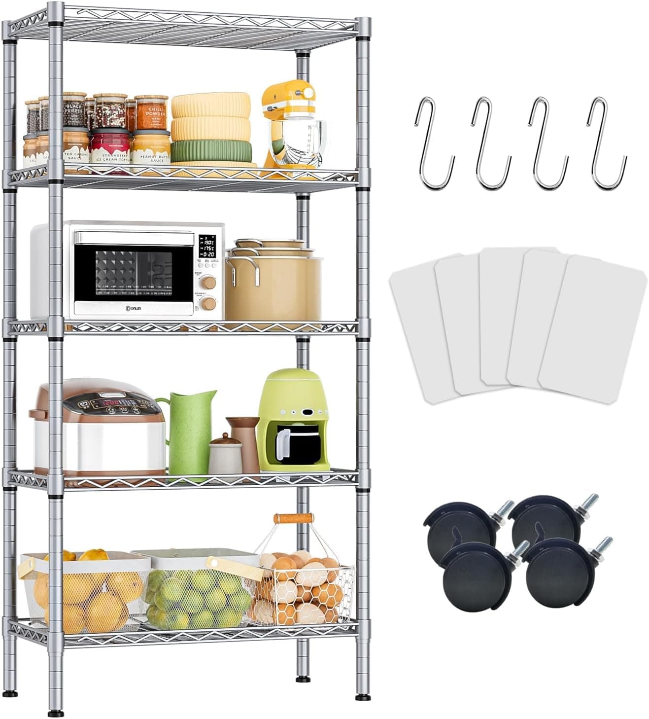 5 Tier Shelving Unit Adjustable Wire Shelves Organizer Shelf Rack Heavy Duty Storage Unit Metal Storage Rack Durable Organizer (Silver)