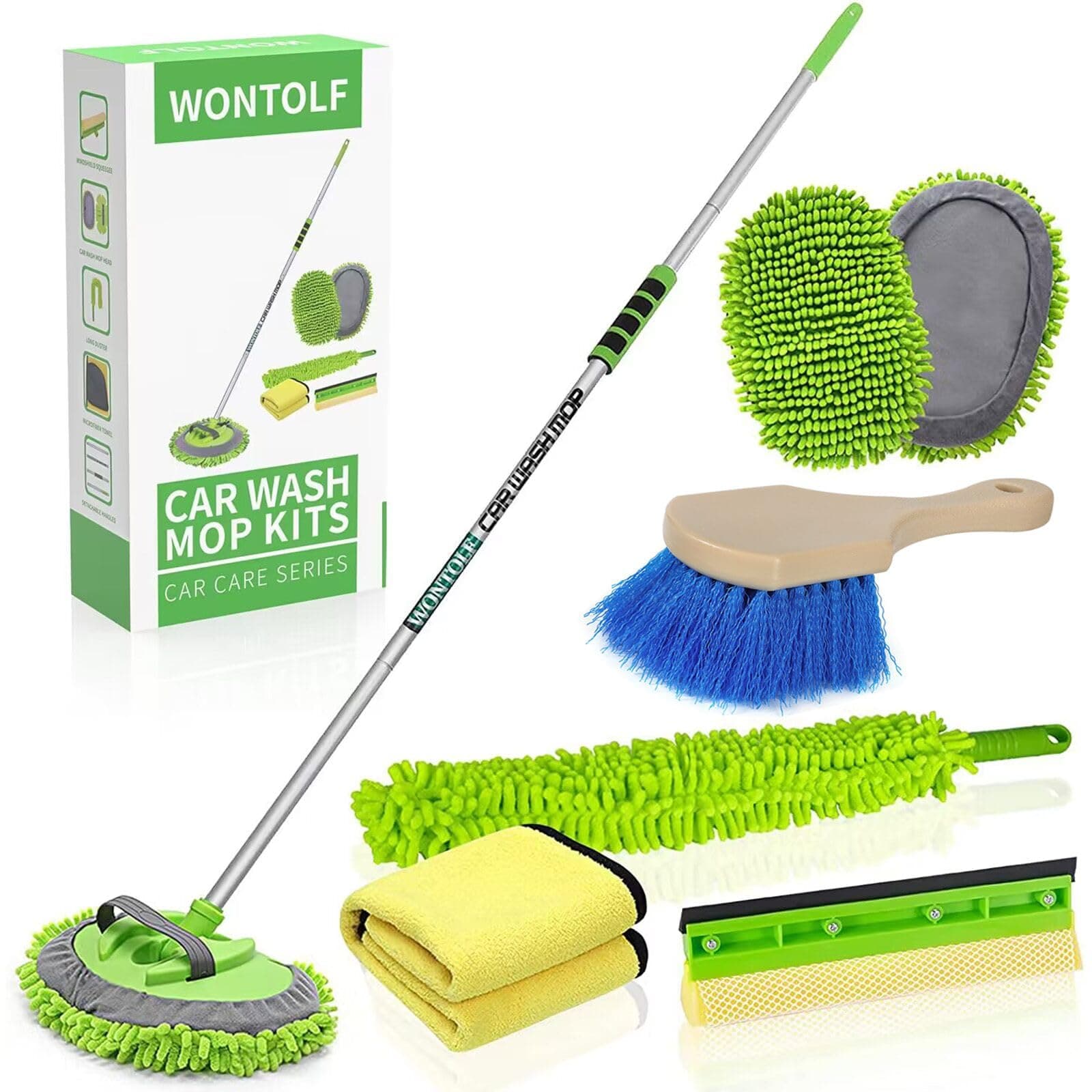 Wontolf 62'' Car Wash Brush with Long Handle Chenille Microfiber Car Wash Mop Mitt Kit Car Detailing Brush Cleaning Kit Window Squeegee Car Duster Drying Towels Tire Brush for Cars RV Truck Boat