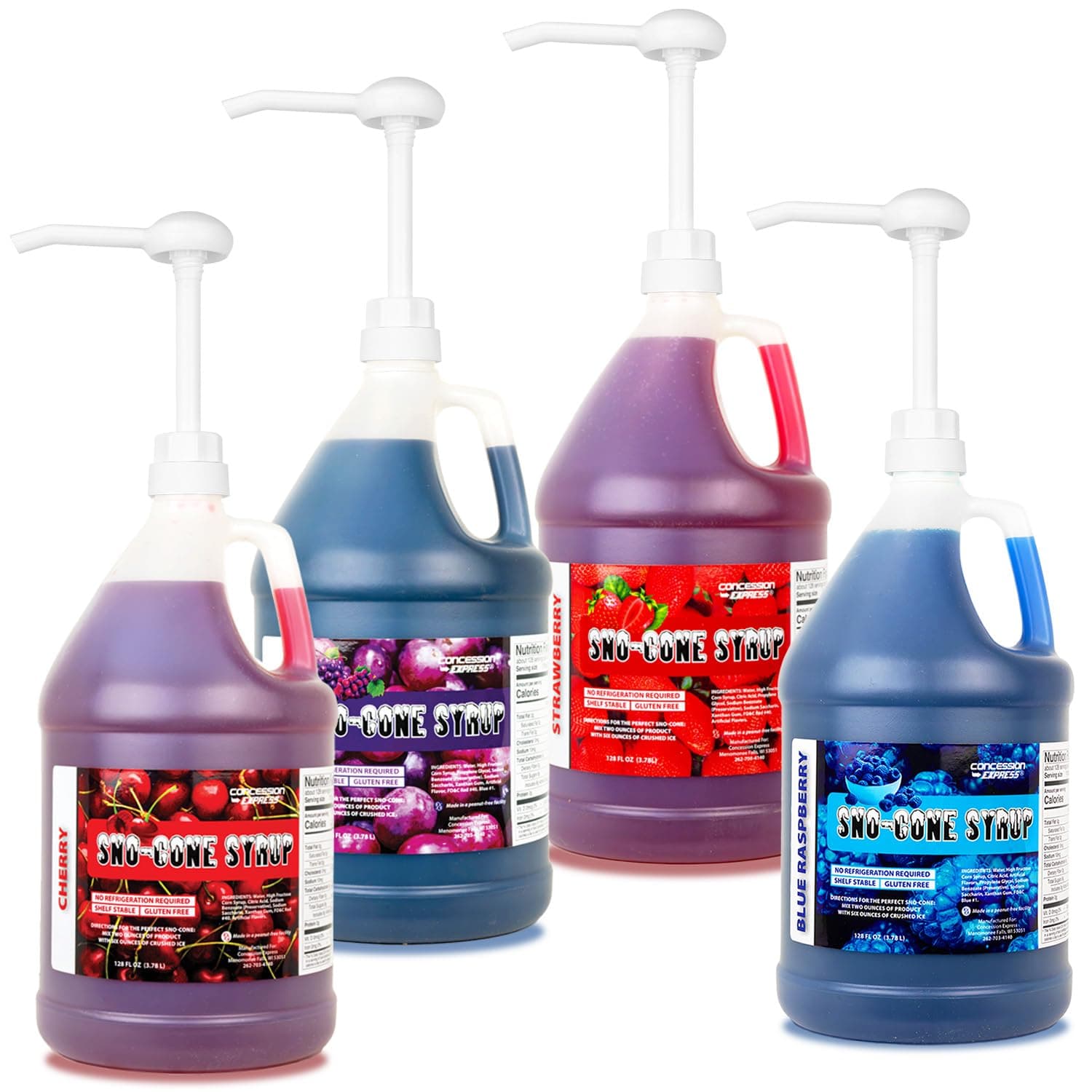 Sno-Cone Syrups - Four Gallons with Pumps (Blue Raspberry-Cherry-Grape-Strawberry)