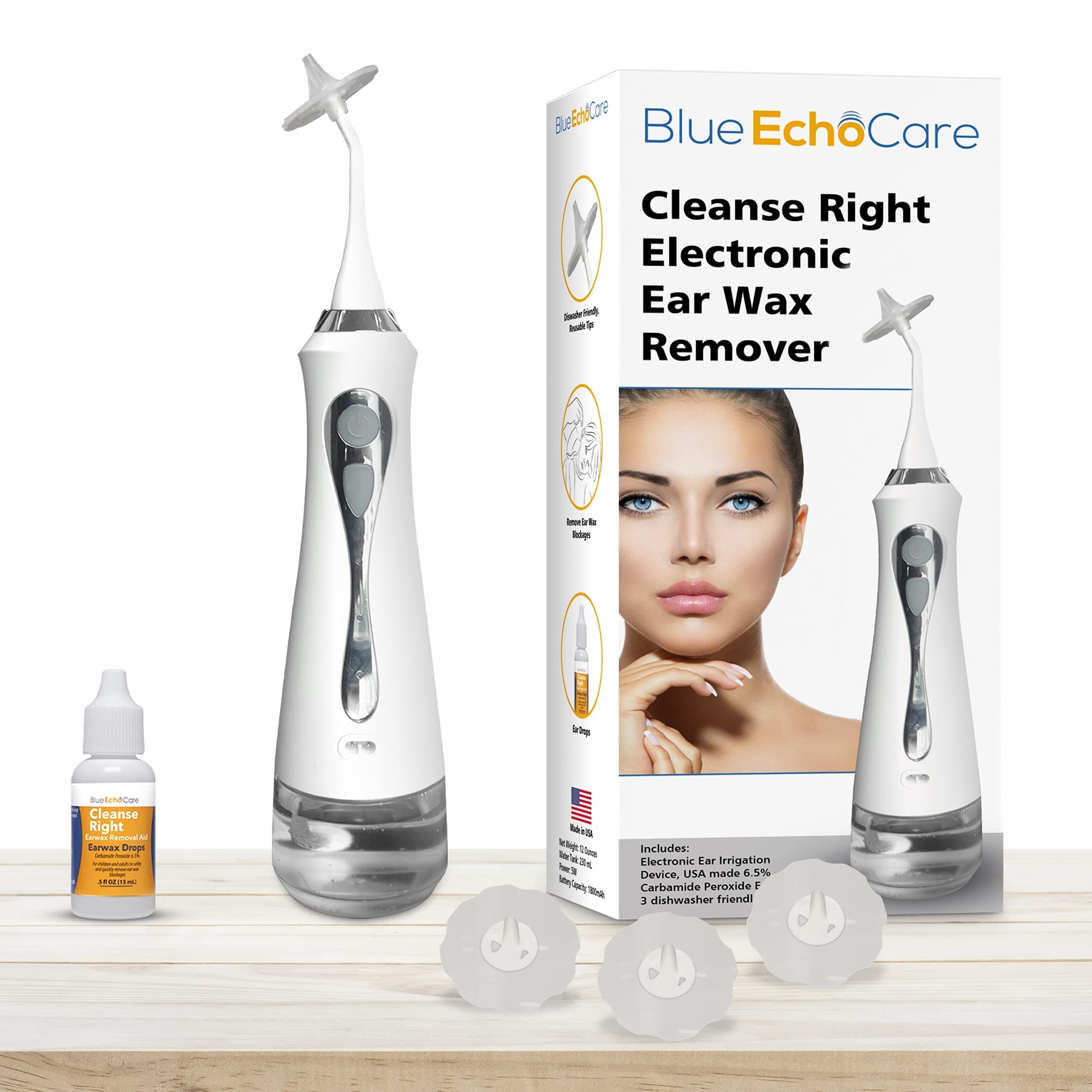 Cleanse Right – Electronic Ear Wax Removal Device- INCLUDES USA MADE EAR DROPS, Reusable, Dishwasher Friendly Tips, Ear Cleaner Irrigation Device and Spray Bottle