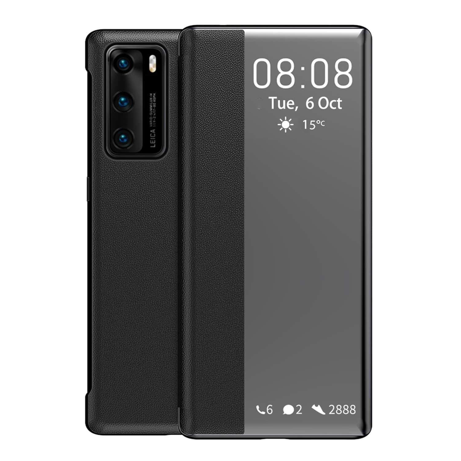 KANSI compatible for Huawei P40 Case, Smart View Flip PU Leather Case Cover + Tempered Glass - Black