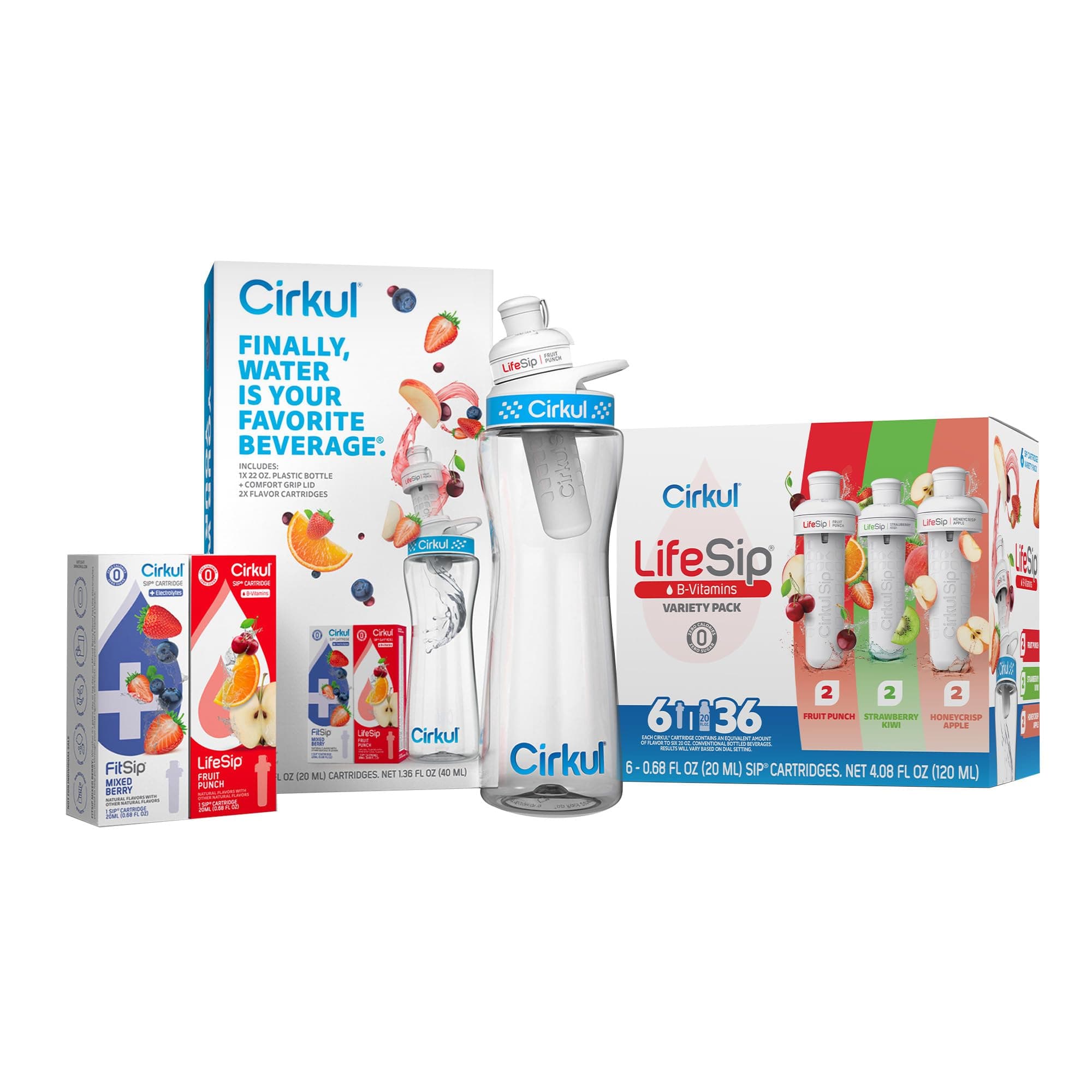 Big Kid Bundle - 22oz. Plastic Water Bottle Starter Kit with Blue Lid, 2 Flavor Cartridges and LifeSip Flavor Cartridge Variety Pack with B vitamins, 6-Pack Zero Sugar Drink Mix
