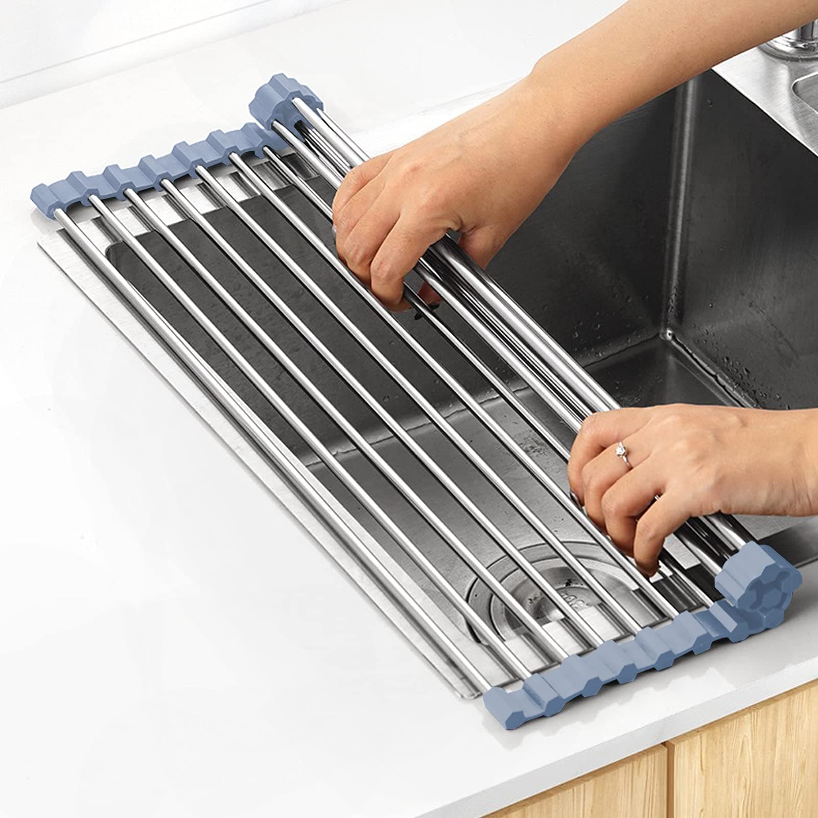 MECHEER Over The Sink Dish Drying Rack, Roll Up Dish Drying Rack Kitchen Dish Rack Stainless Steel Sink Drying Rack, Foldable Dish Drainer, 17.5''x11.8''