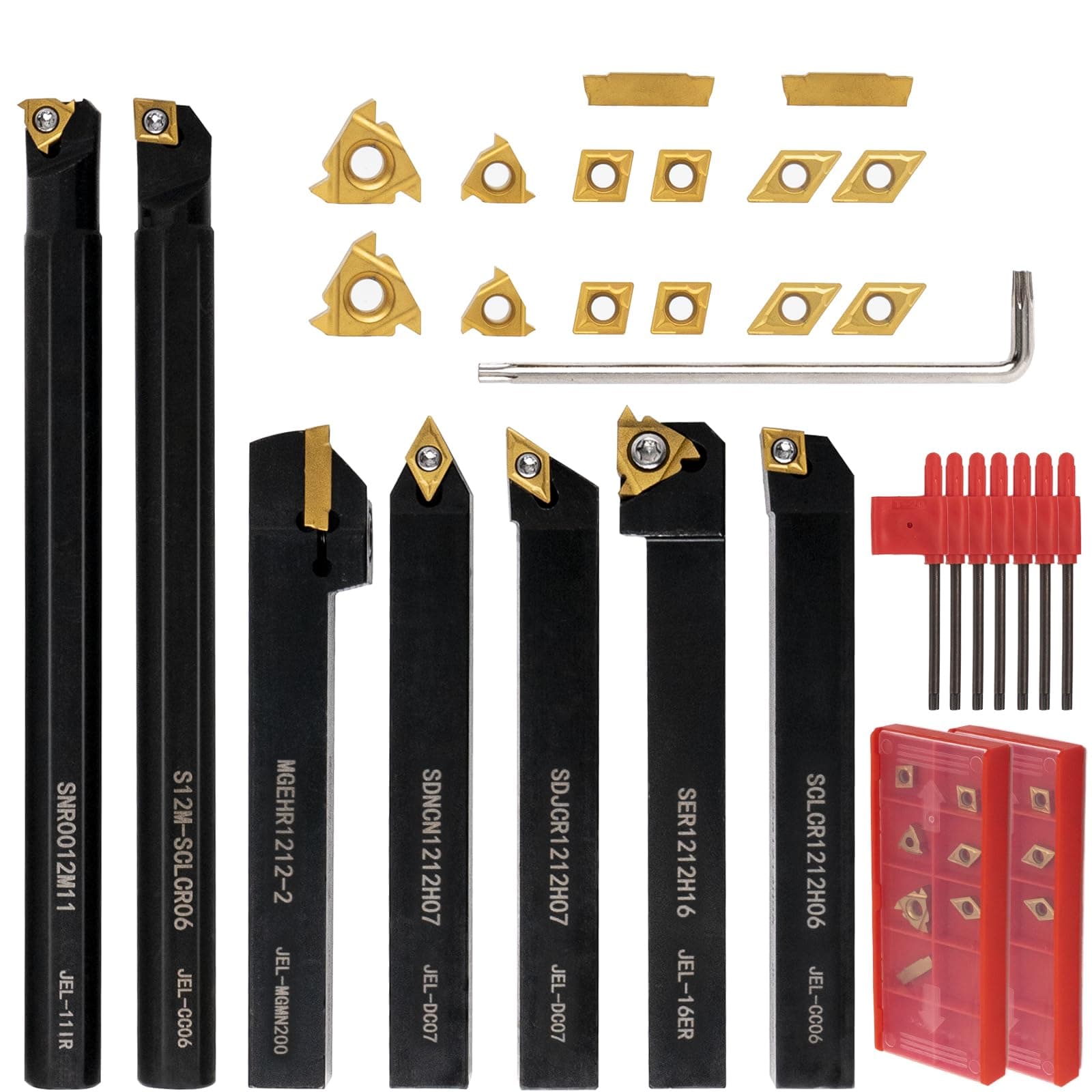 21-Piece Lathe Turning Tool Kit, 1/2 Inch (12mm) Shank 7 Metal Lathe Holders and 14 Indexable Carbide Inserts for Precision Turning, Grooving, Threading, and Boring