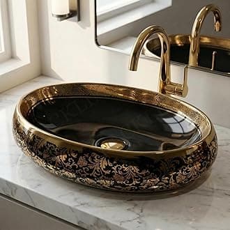 B BACKLINE Ceramic Oval Shape Table Top Vessel Sink Over Counter Wash Basin (24 X 16 X 6 Inch, Black Gold)