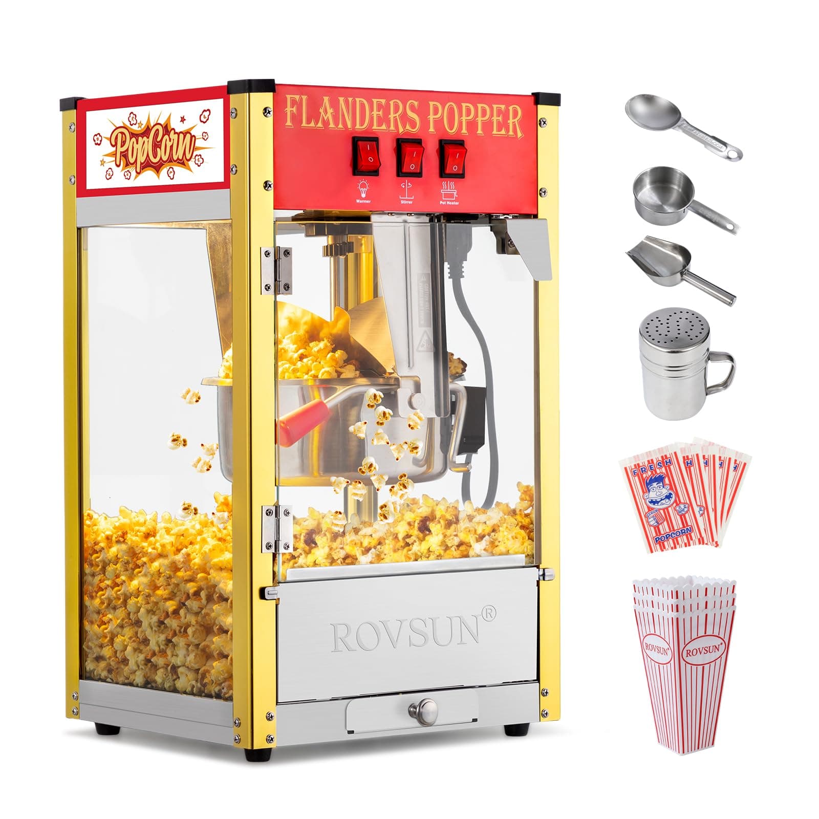 ROVSUN Popcorn Machine with 8 Ounce Kettle Makes Up to 32 Cups, Commercial Popcorn Machine Countertop Popcorn Maker w/Stainless Steel Scoop, Oil Spoon & 3 Popcorn Cups for Home Movie Theater, ETL, Red