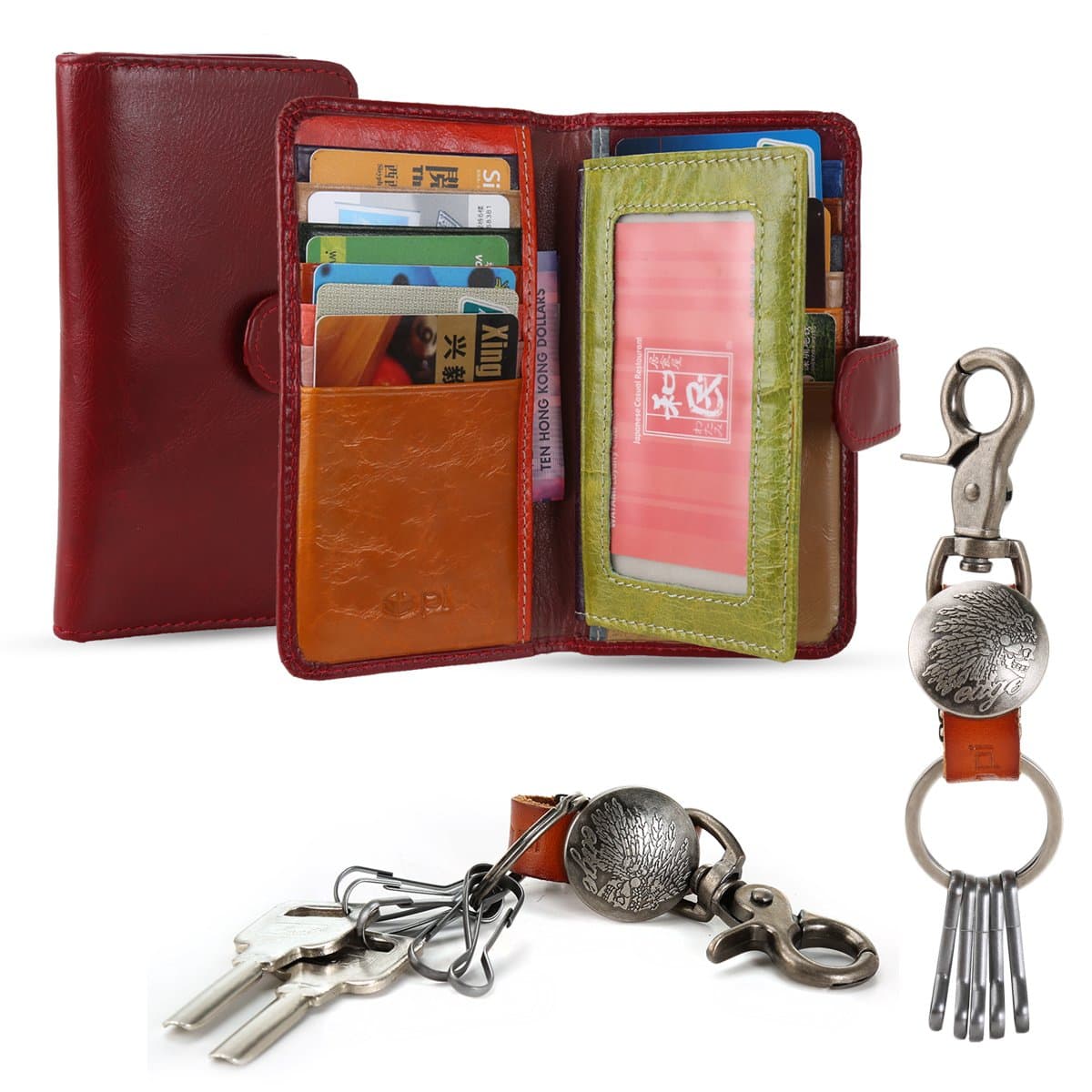 Onepi Ultra Soft Premium Full-grain Leather ID Window Card Wallet with Press Stud - Free Bonus Gift Key Ring - Friendly Packaging (Rose Pink)