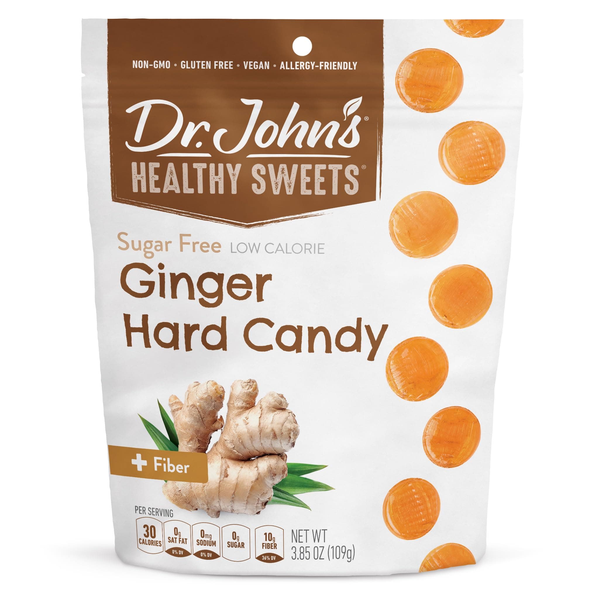 Dr. John’s Sugar Free Candy, Healthy Hard Candy with Zero Sugar, Low Calorie Snacks, Keto Friendly, Vegan, Gluten Free, Ginger Flavor, 24 Count, 3.85 OZ