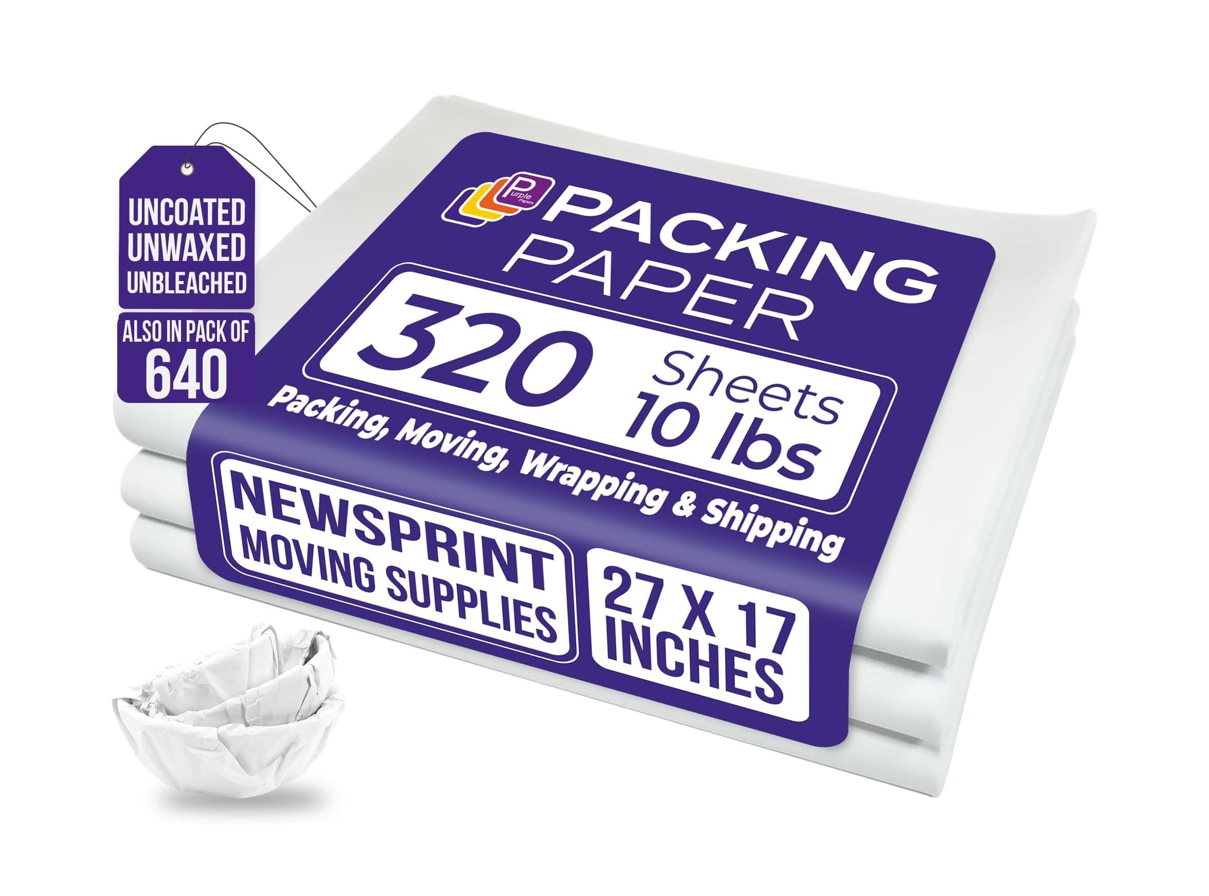 Purple Papers White Bulk Packing Paper | 320 sheets | 27" x 17" | 10 lb | Sheets for Moving - Newsprint Paper - Must Have in Your Moving Supplies | Newsprint Papers | Packaging Paper