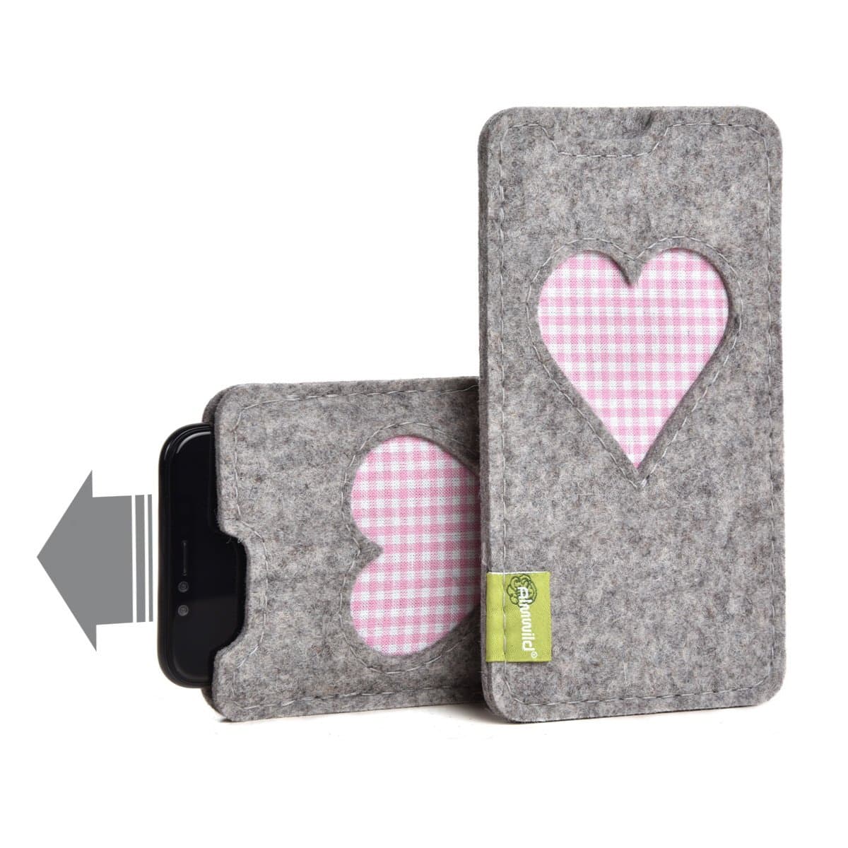 Almwild® Case for Apple iPhone X/Xs, iPhone 10 / 10s Made of natural felt in alpine stone grey model "Gschbusi" with heart. Mobile phone case for iPhone ONLY Handmade in Bavaria.