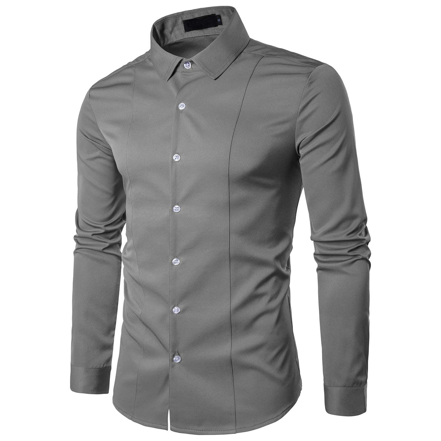 Men's Formal Shirts Long Sleeve Slim Fit Solid Casual Button Down Shirts Elastic Dress Shirt (Grey, Medium)