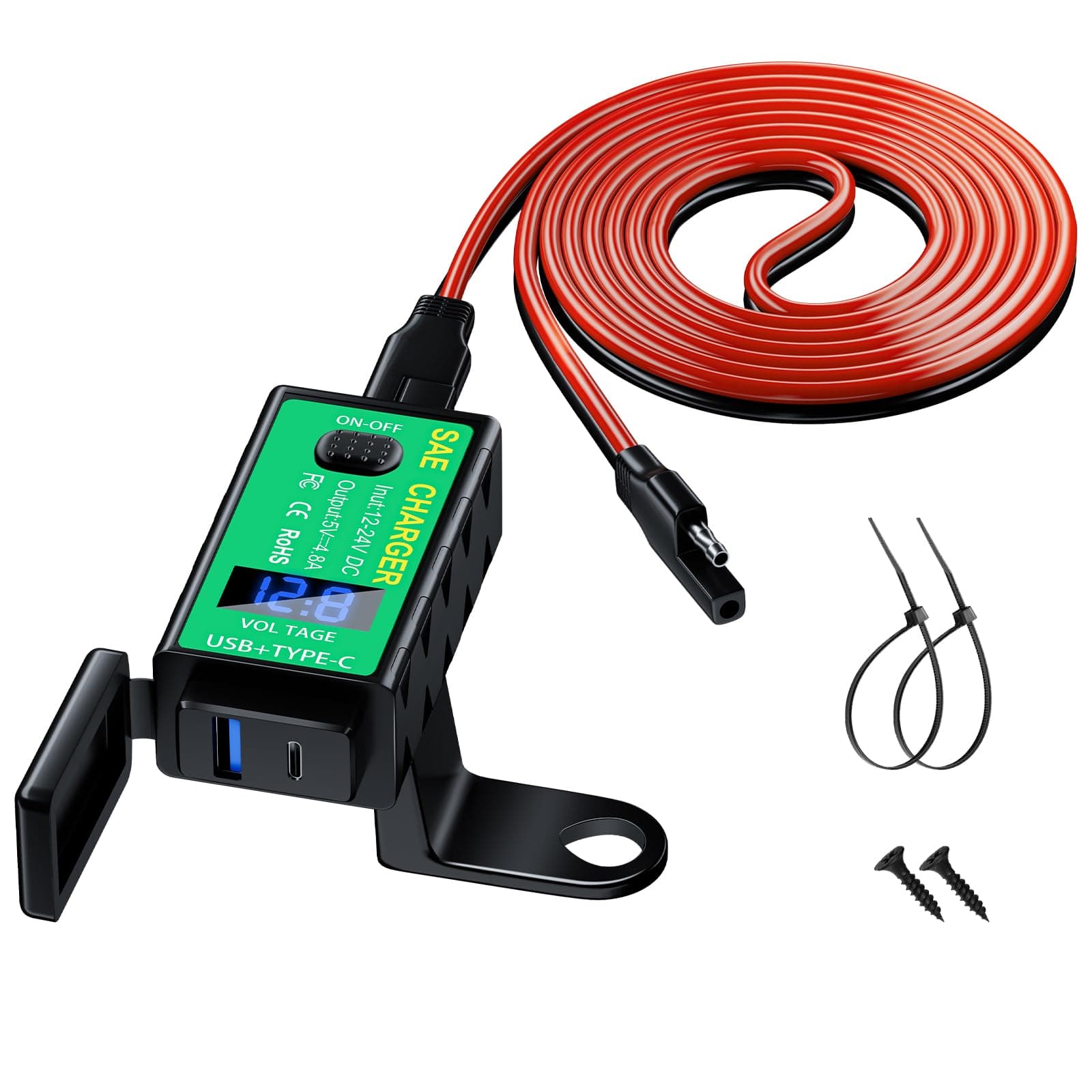 YONHAN Motorcycle Phone Charger - Dual USB Type C PD & Quick Charge 3.0 with Voltmeter & ON/Off Switch, SAE to USB Adapter - Waterproof Accessory