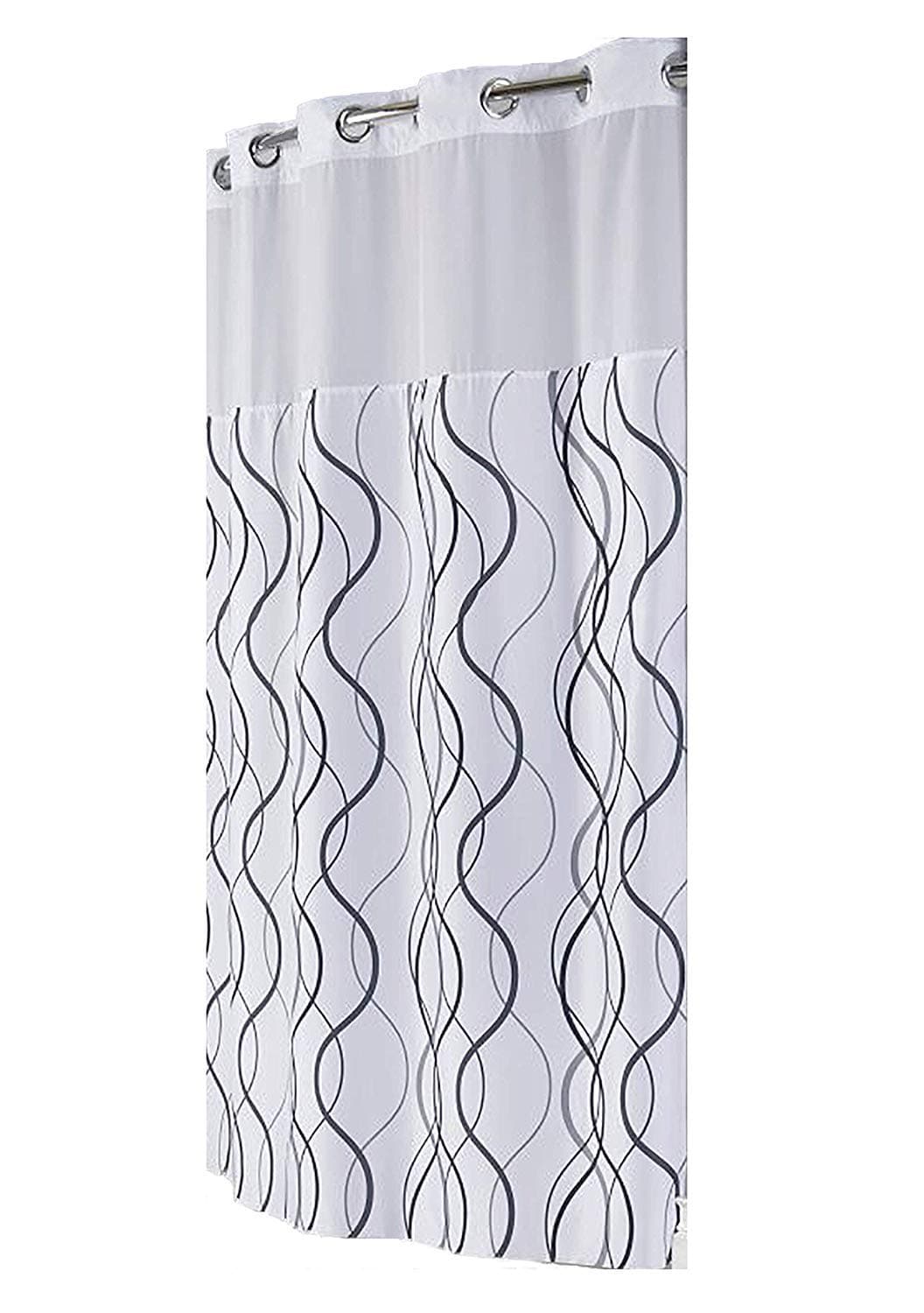 Hookless Waves Sheer Polyester Shower Curtain with 12" Sheer Voile Window, 71"x77"- White/Grey/Black