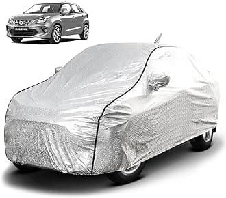 Waterproof Car Body Cover for Maruti Baleno with Mirror and Antenna Pocket, Soft Cotton Lining, Triple Stitched (Heat Resistant Metallic Silver with Black Piping)