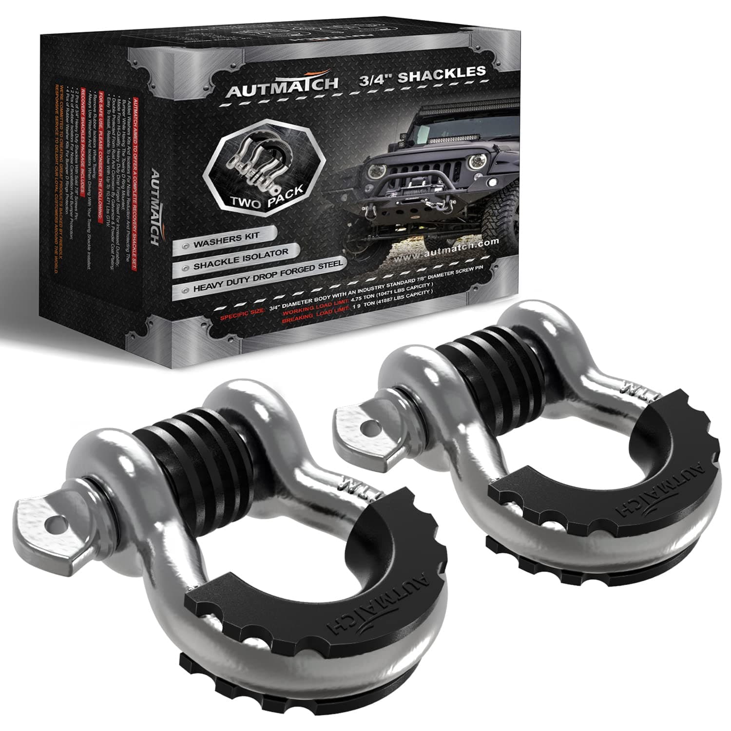 AUTMATCH D Ring Shackle 3/4" Shackles (2 Pack) 41,887Ibs Break Strength with 7/8" Screw Pin and Shackle Isolator Washers Kit for Tow Strap Winch Off Road Vehicle Recovery Silver