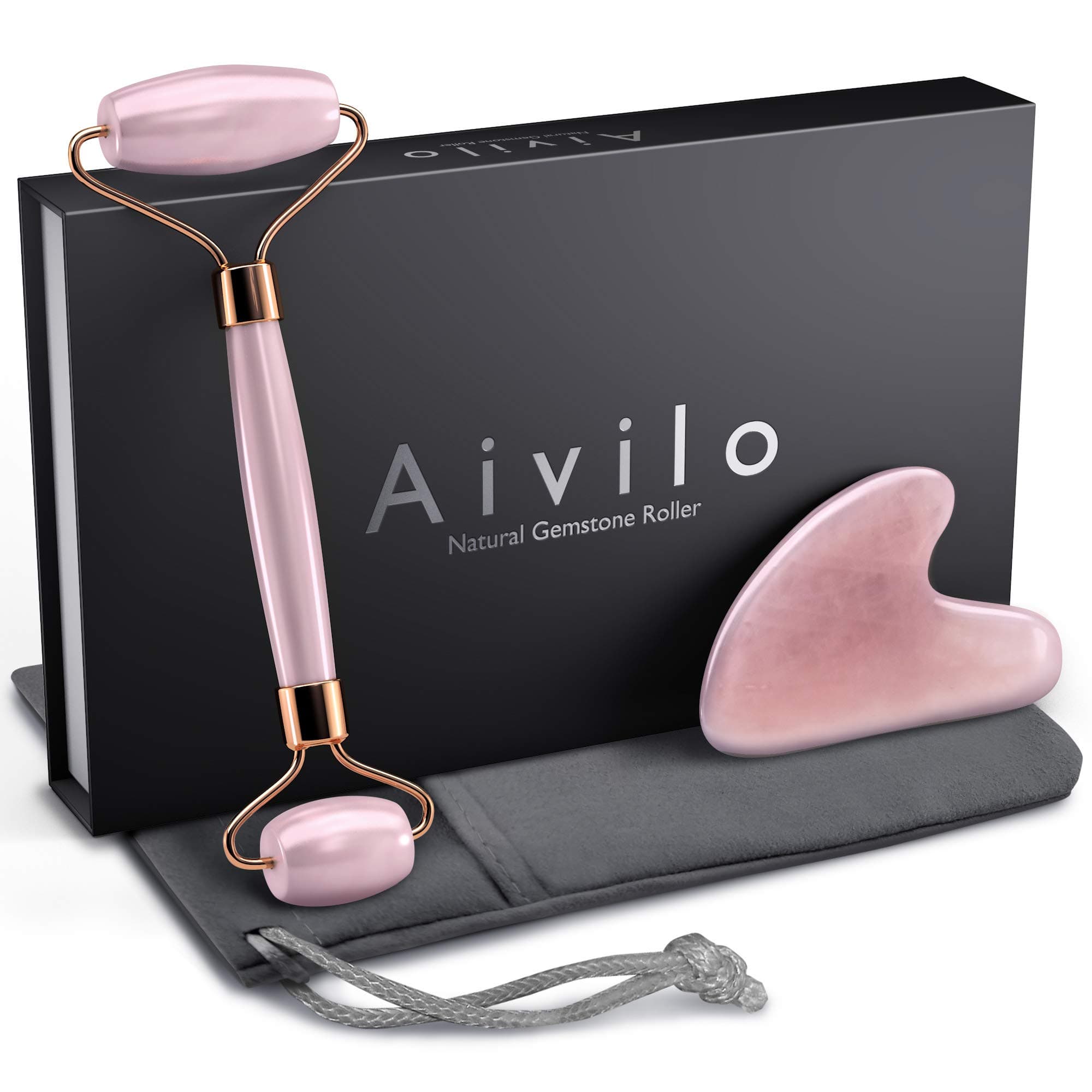 Aivilo Rose Quartz Roller, Gua Sha and Bag Set - 2 in 1 Facial Face Roller and Massaging Skin Healing Toning Massage Jade Roller Alternative (Rose Quartz - Pink)