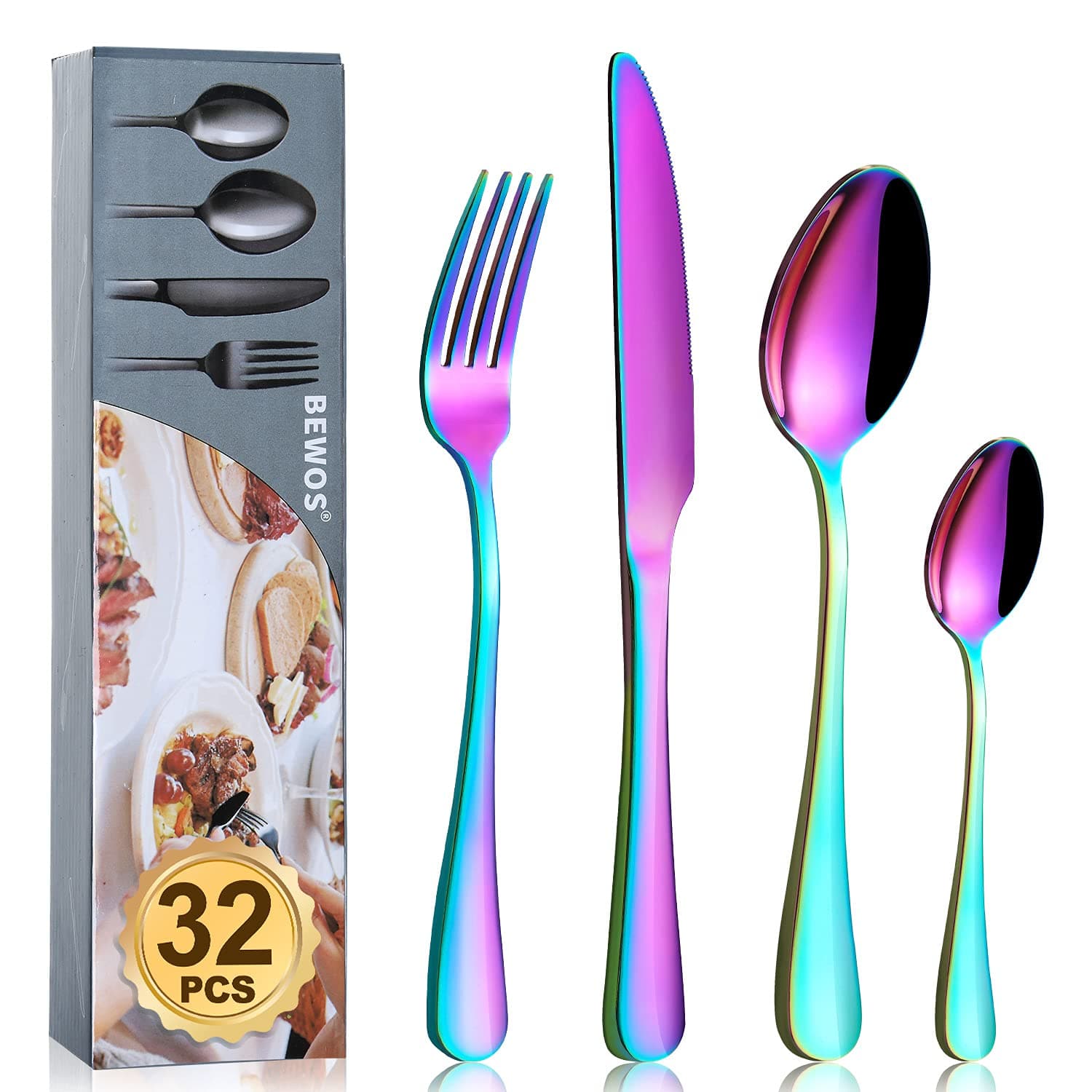 Cutlery Set, BEWOS 32-Piece Stainless Steel Flatware Set, Tableware Silverware Set with Rainbow Spoon Knife and Fork Set, Service for 8, Dishwasher Safe/Easy Clean, Mirror Polished