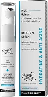 Chemist at Play Under Eye Cream with 2% Revital Eye & Quinoa Extract|Reducing Dark Circles, Puffiness, Wrinkles, Crows Feet|Plant-Based Ceramides|100% Vegan|Cooling Gel & Roller for Men & Women|15g