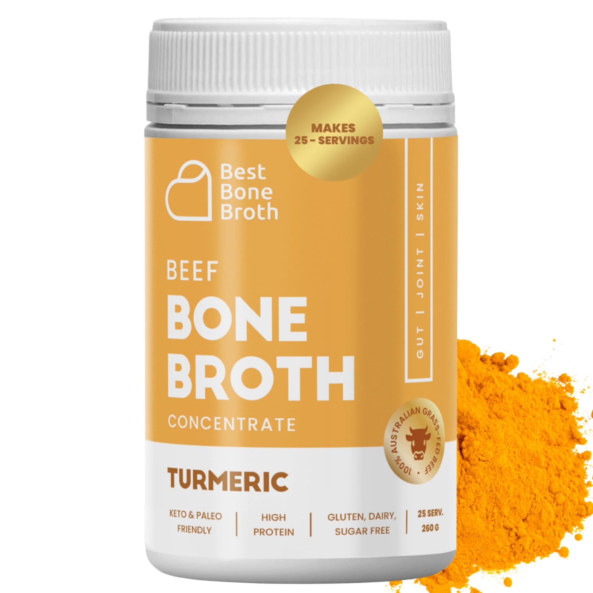 Premium Beef Bone Broth Concentrate Turmeric Flavour | supports joints, skin & gut | No Hormones or Additives | Delicious Natural Flavour | Sourced from AU & NZ Beef - 25 Servings