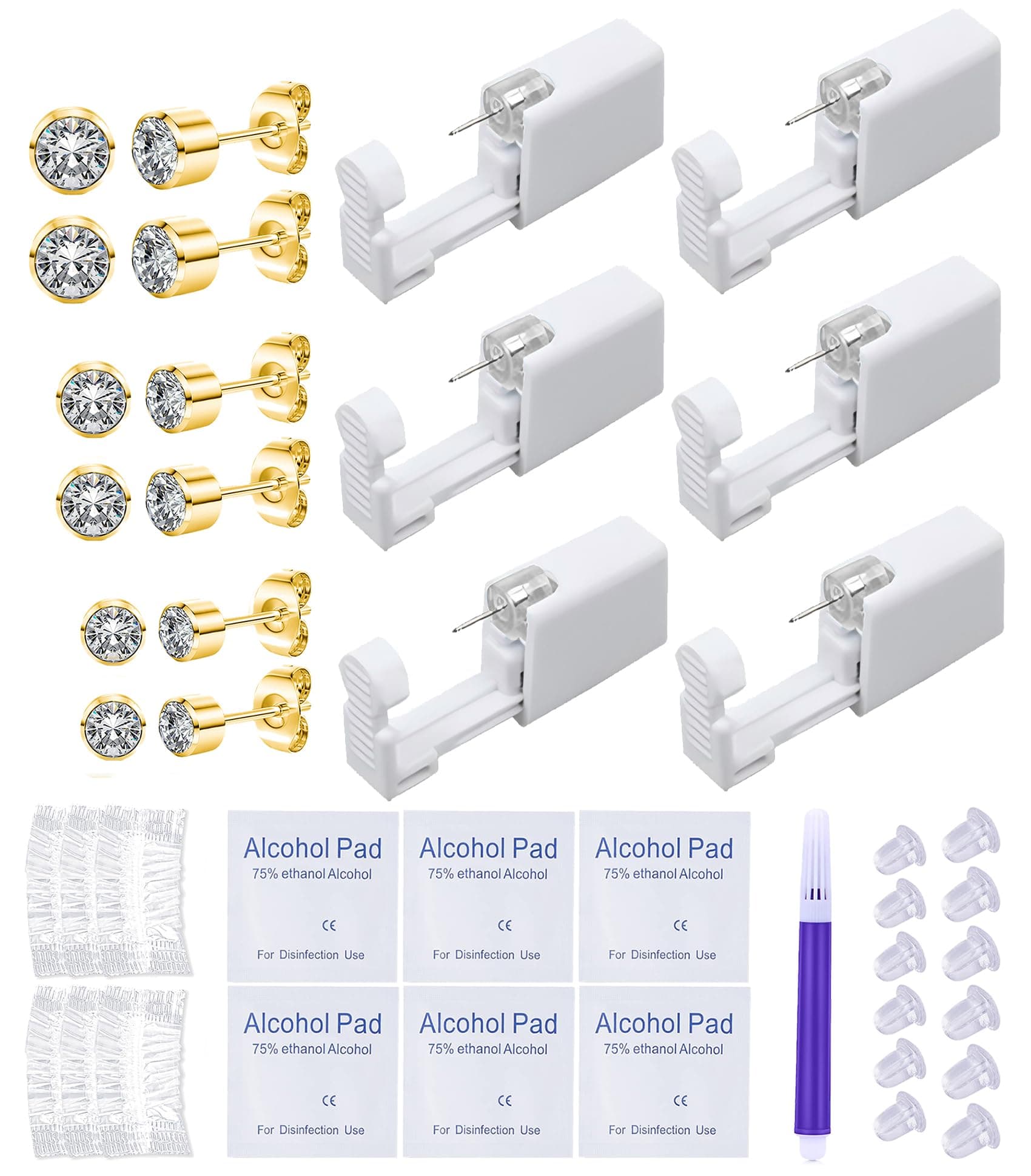 VitaCool Ear Piercing Kit Disposable Ear Cartilage Piercing Gun Kit with Sterile CZ Studs Easy and Safe Earring Self for Yourself Use at Home(Gold Round CZ Pattern 432mm)