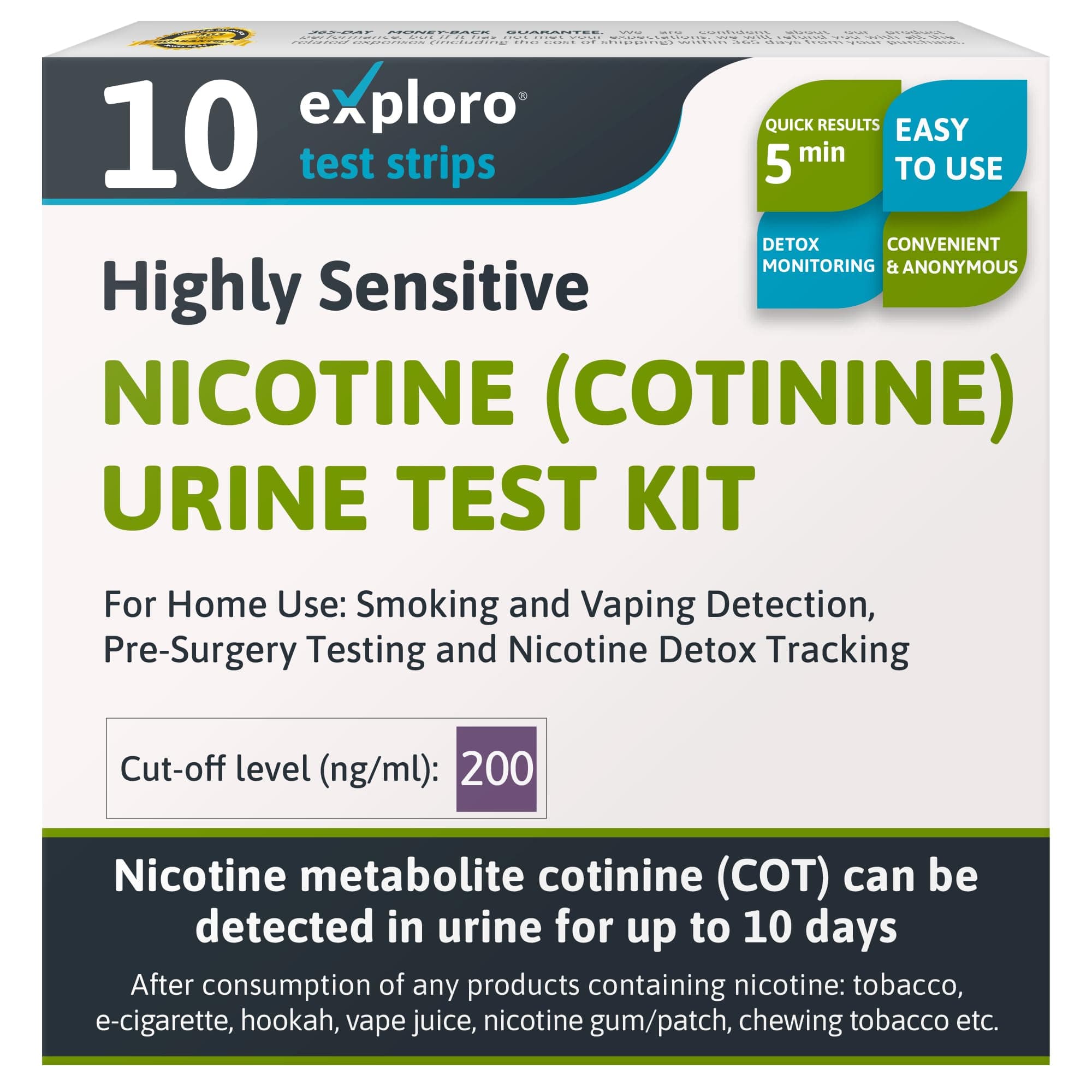 Exploro Nicotine Testing Kit at Home, CLIA Waived Sensitive & Rapid Cotinine Urine Test Strips, Rapid 5-Min Results, Pre-Surgery/Insurance Ready, 200 ng/ml Cut-Off Level (Pack of 10)