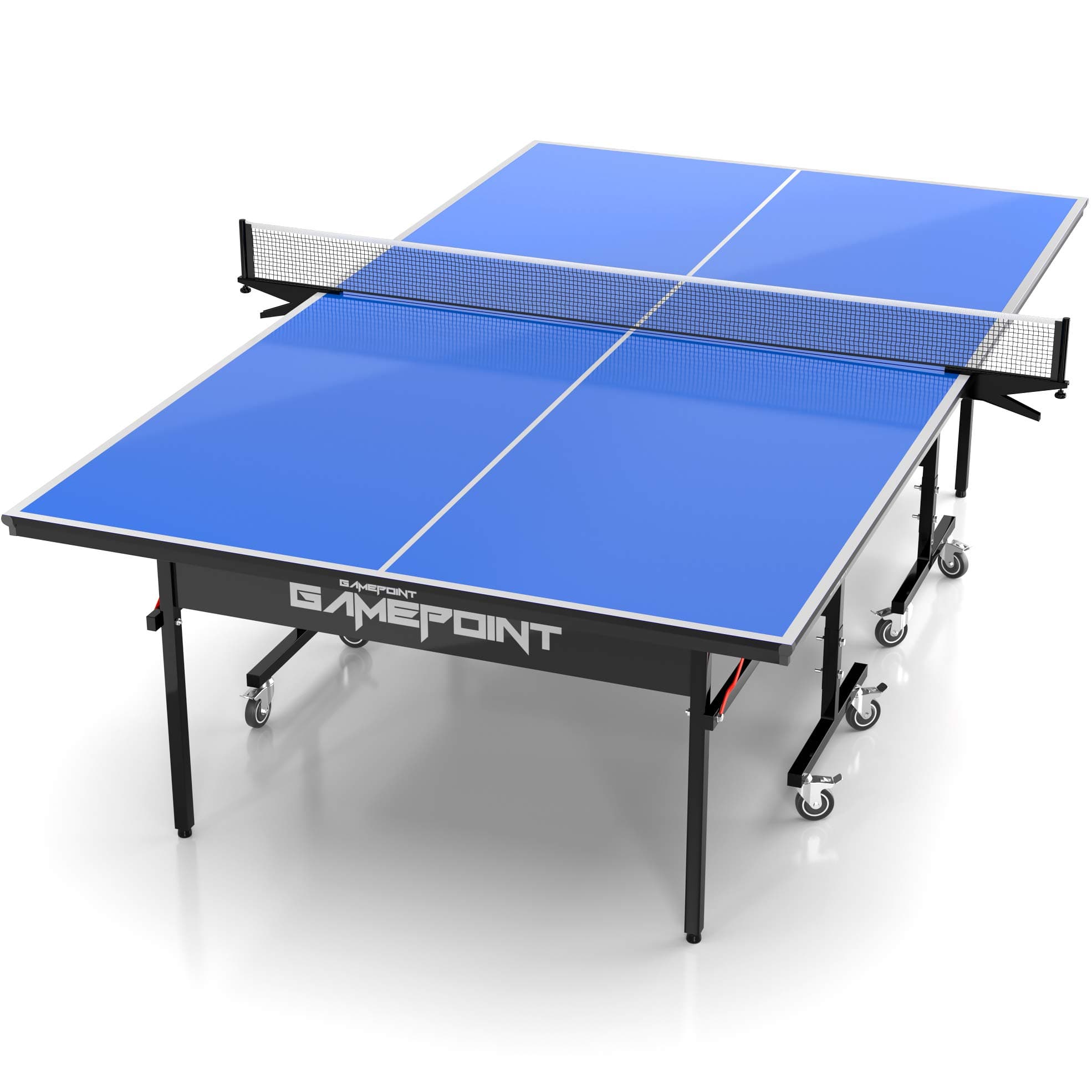 GamePoint Tables Indoor Ping Pong Table - Includes Tension Adjustable Clamp Style Net, Foldable Locking Caster Wheels, 1v1, 2v2, Playback Mode